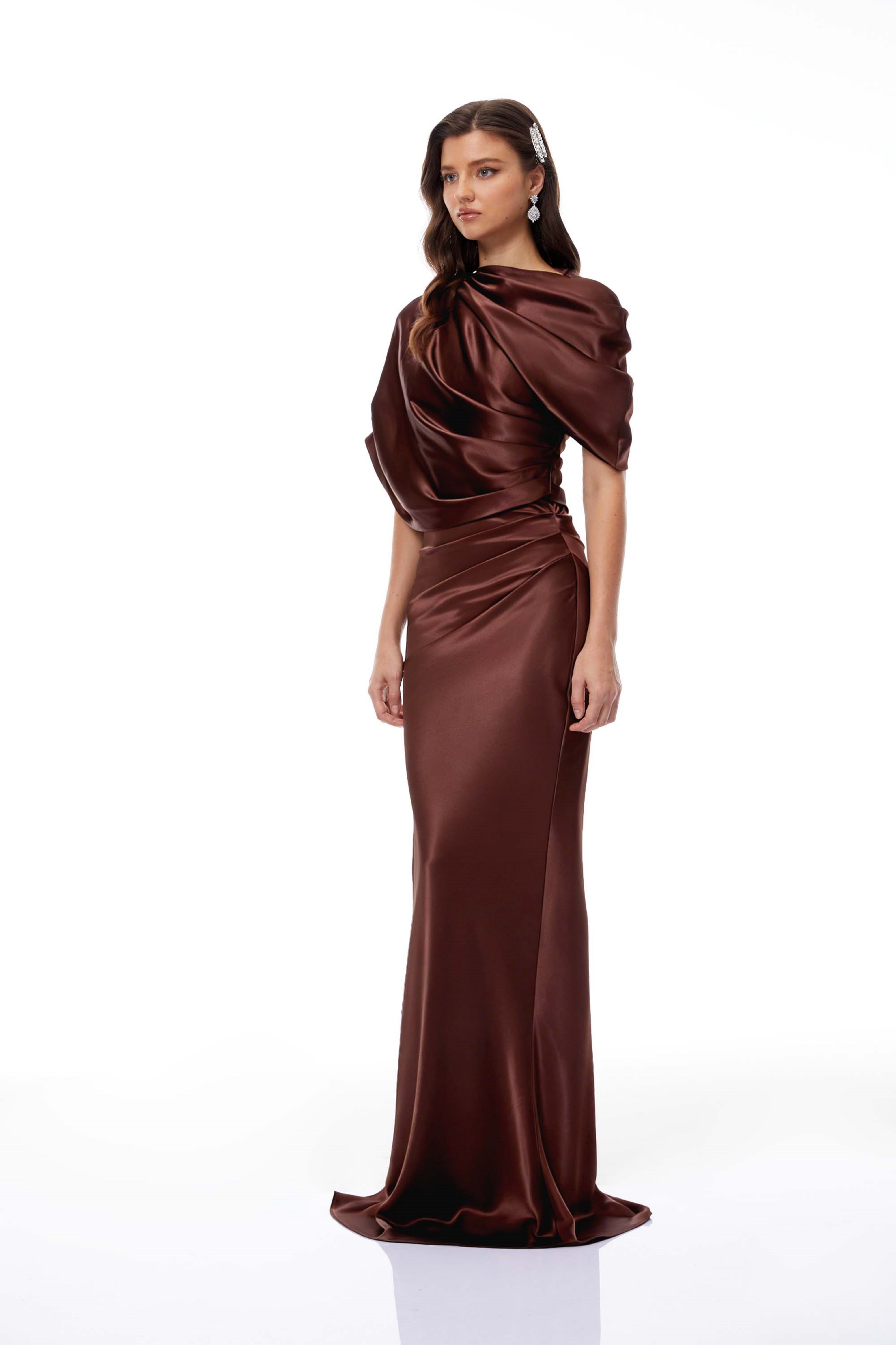 Luisa Brown Asymmetrical Gathered Satin Maxi Dress (Final Sale-US Only)