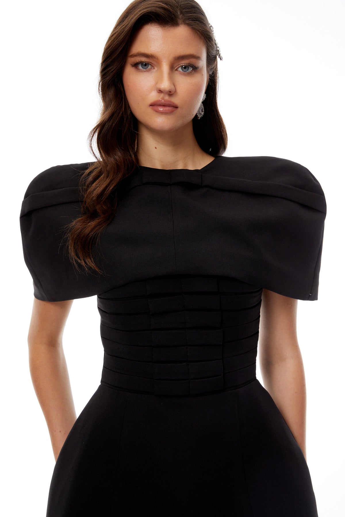 Celía Black Cape Design Flared Mini Dress