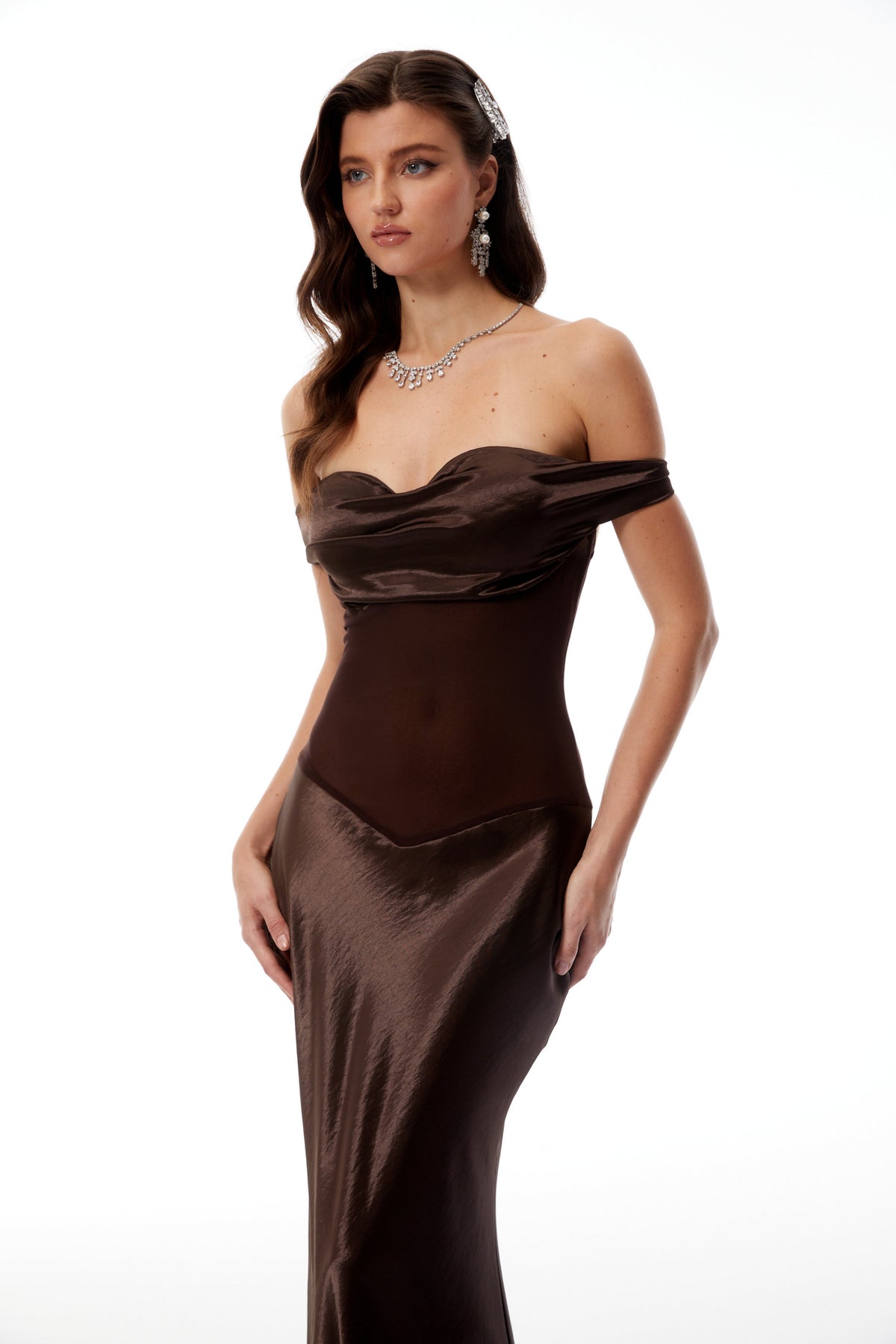 Gitta Brown Off Shoulder Satin Maxi Gown (Final Sale)