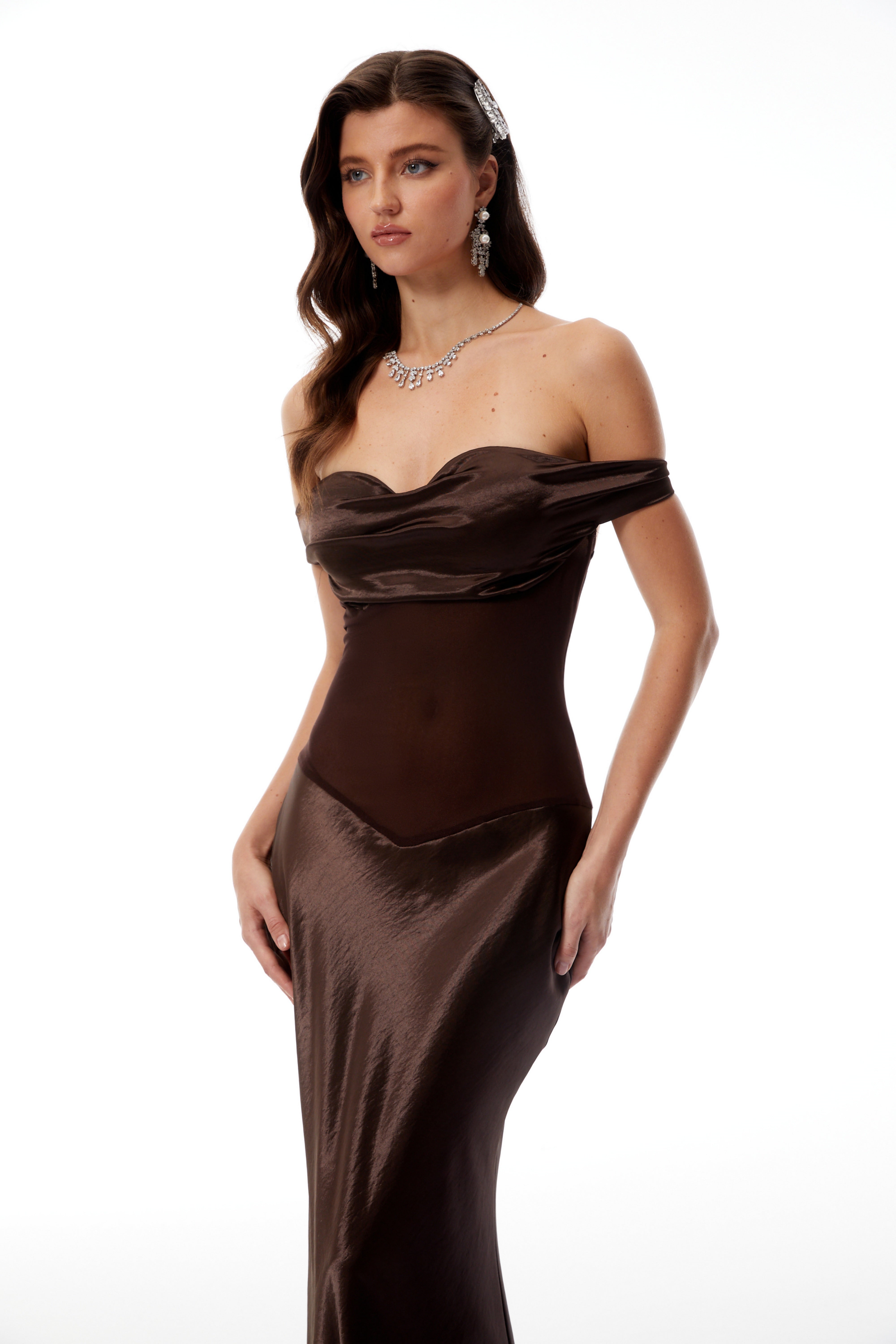 Gitta Brown Off Shoulder Satin Maxi Gown (Final Sale-US Only)