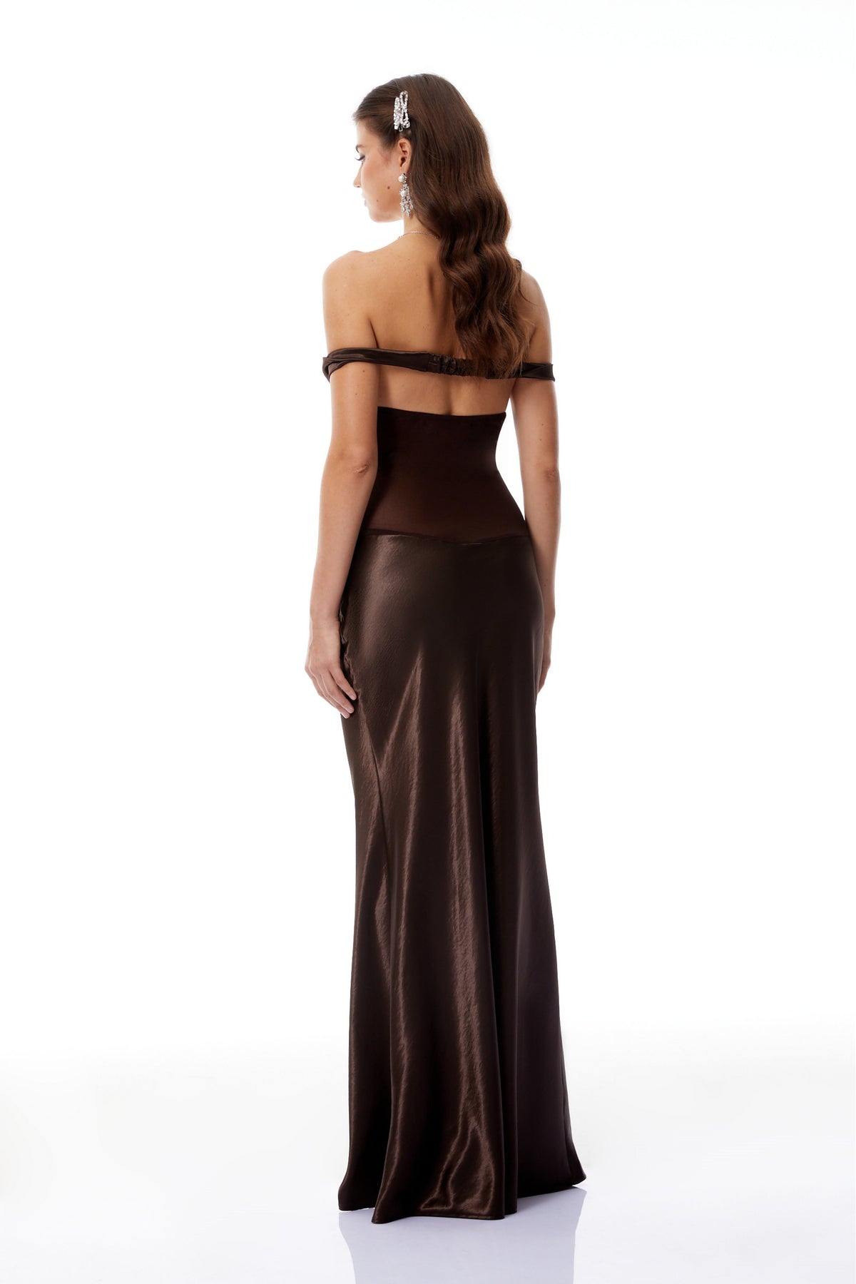 Gitta Brown Off Shoulder Satin Maxi Gown (Final Sale)