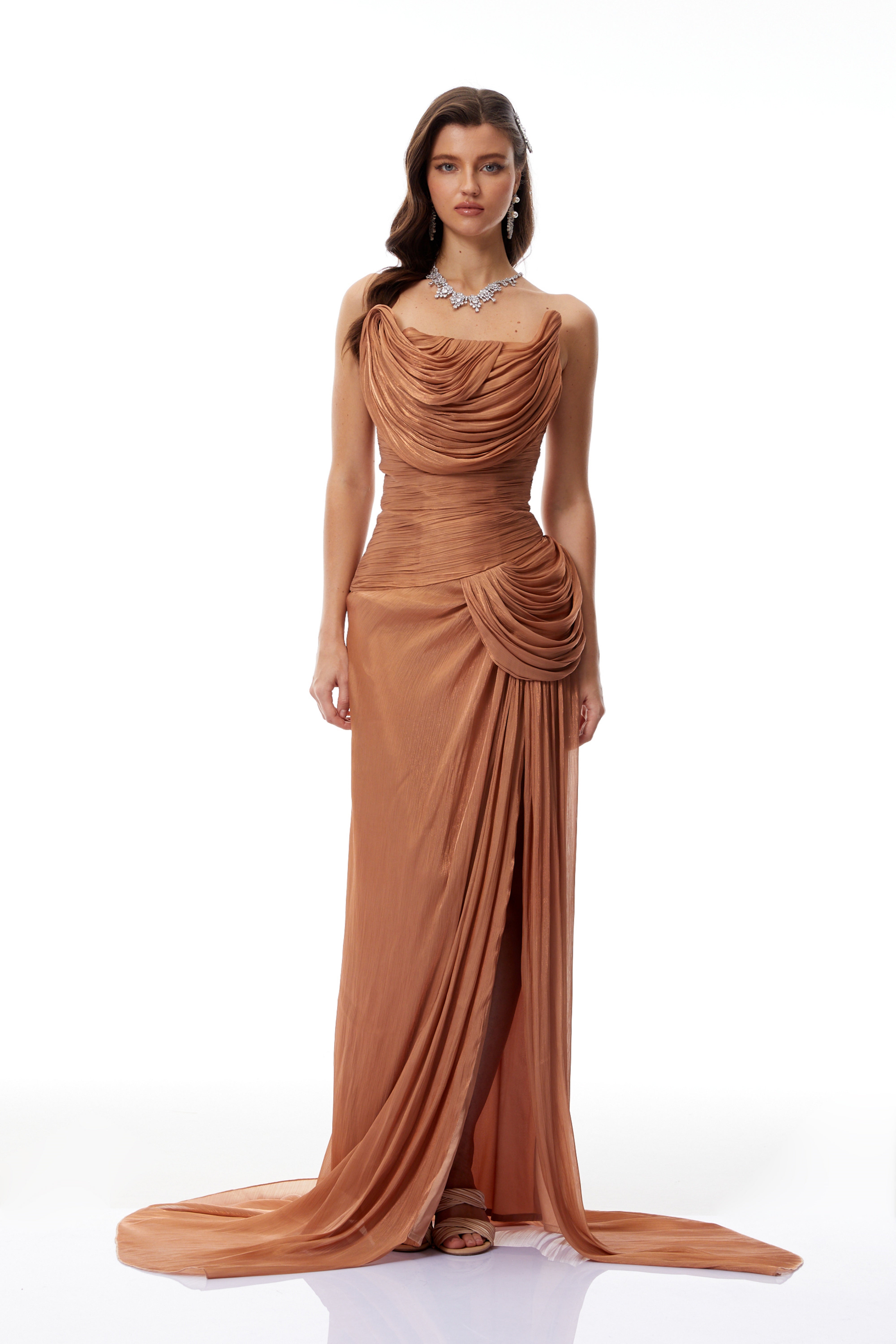 Gelsomina Gold Asymmetrical Glossy Gathered Maxi Dress (Final Sale-US Only)