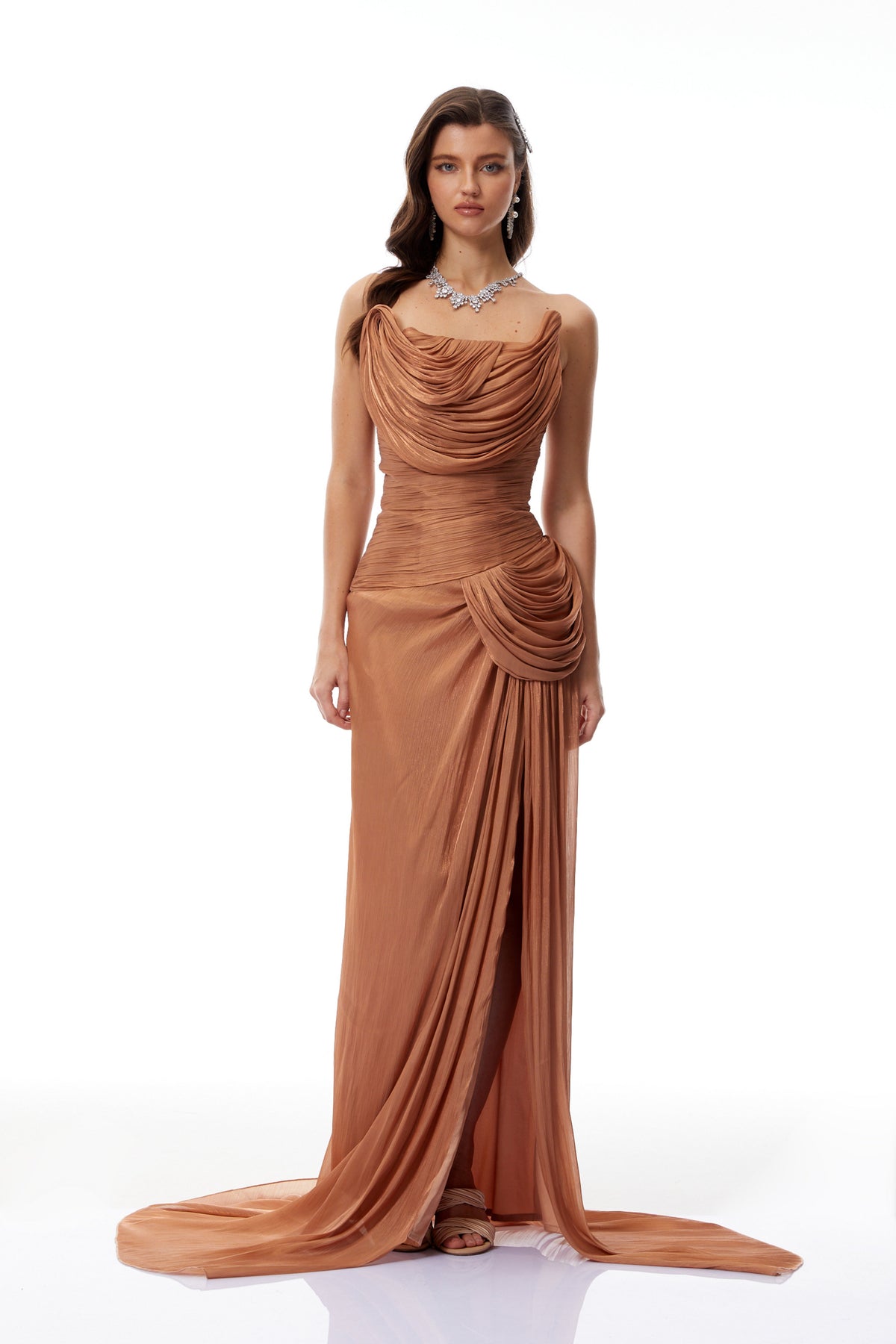 Gelsomina Gold Asymmetrical Glossy Gathered Maxi Dress (Final Sale-US Only)