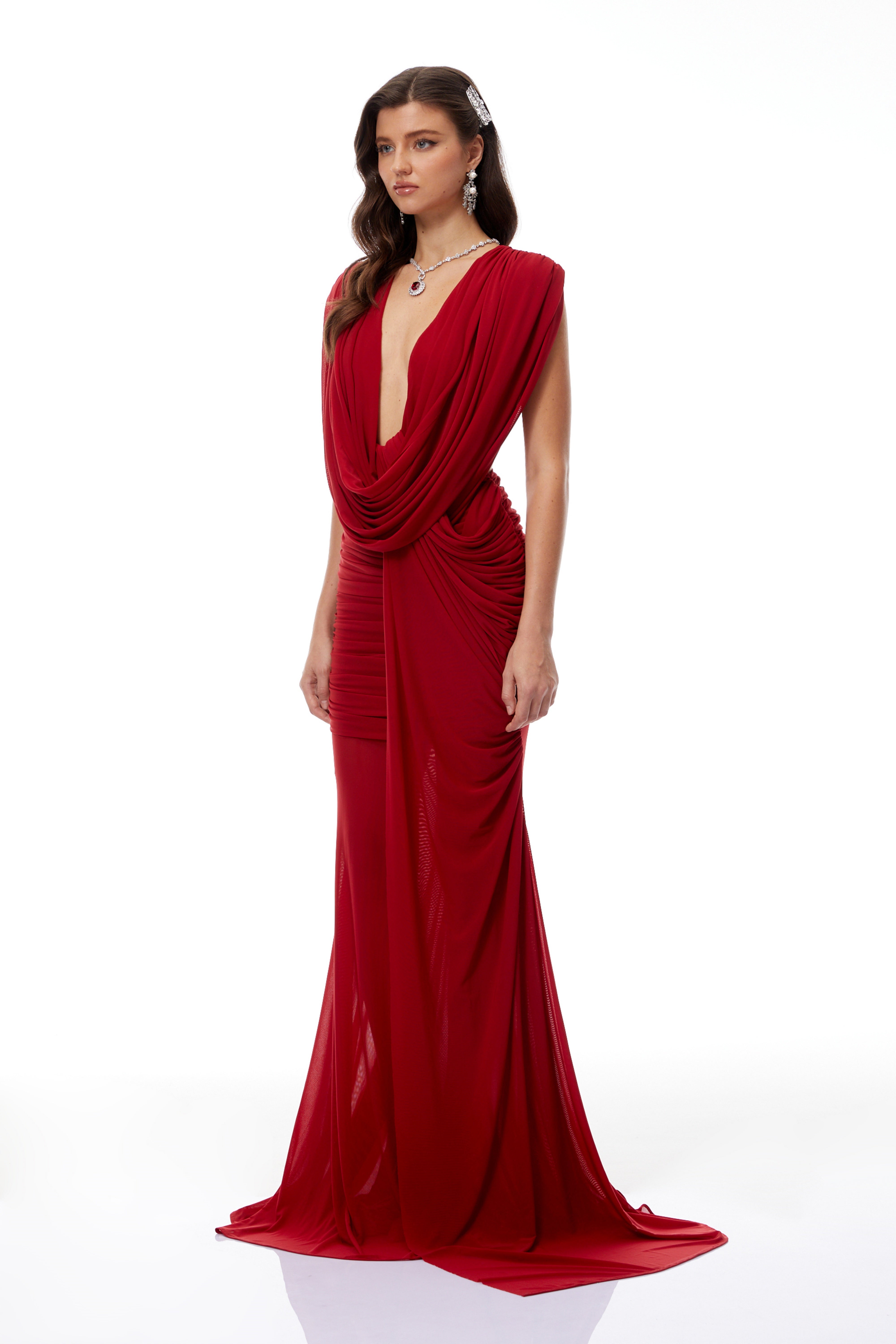 Fíona Red Asymmetrical Draped Maxi Gown (Final Sale-US Only)