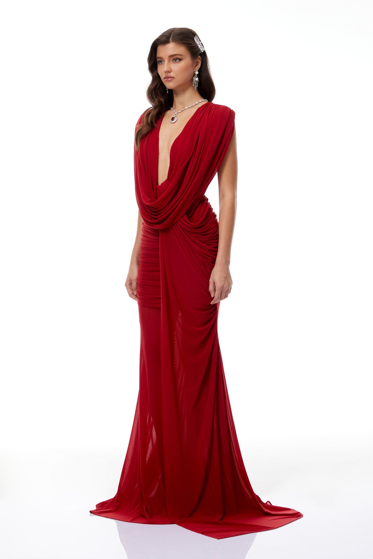 Fíona Red Asymmetrical Draped Maxi Gown (Final Sale-US Only)