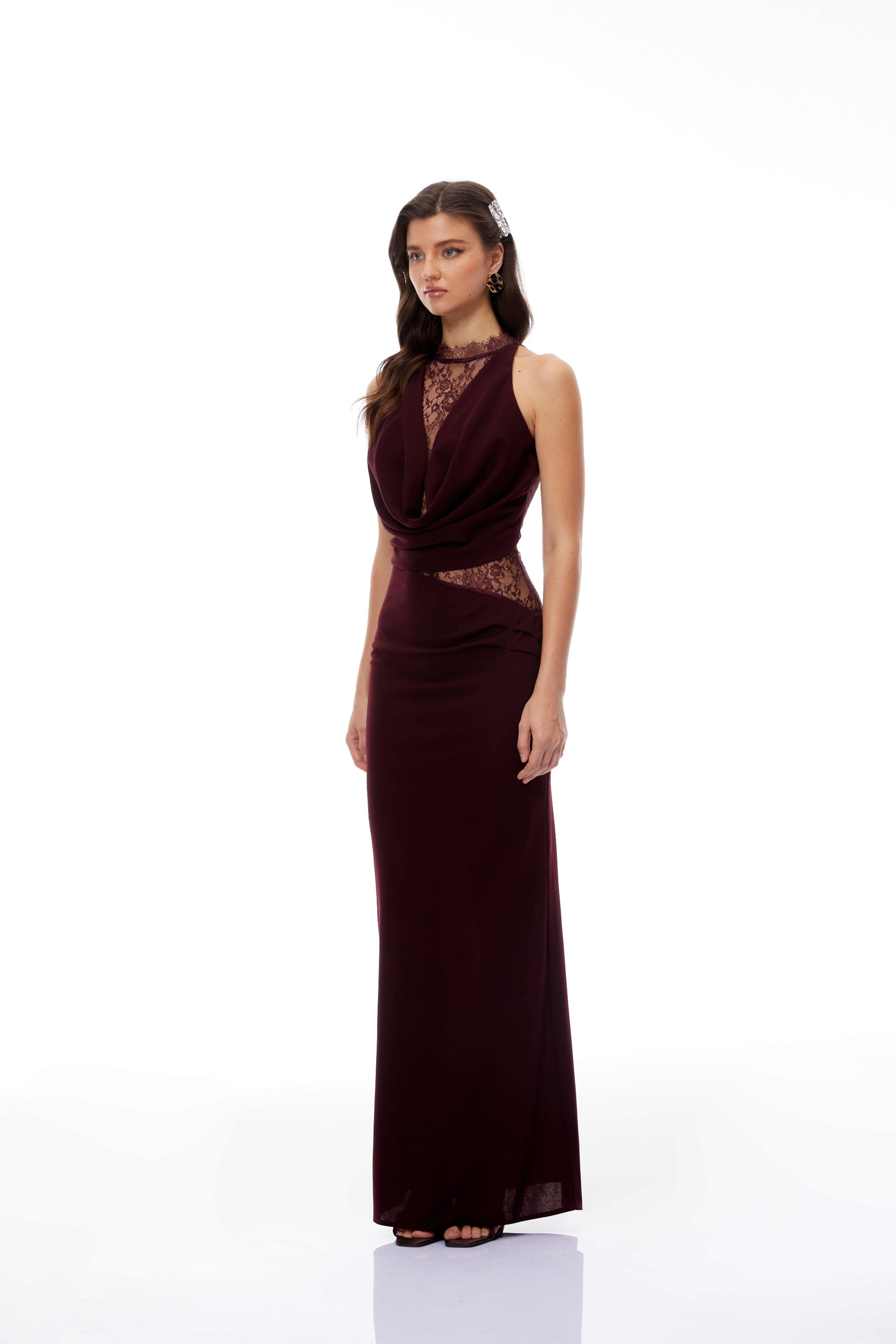 Gioconda Burgundy Halterneck Lace Panel Maxi Dress (Final Sale-US Only)