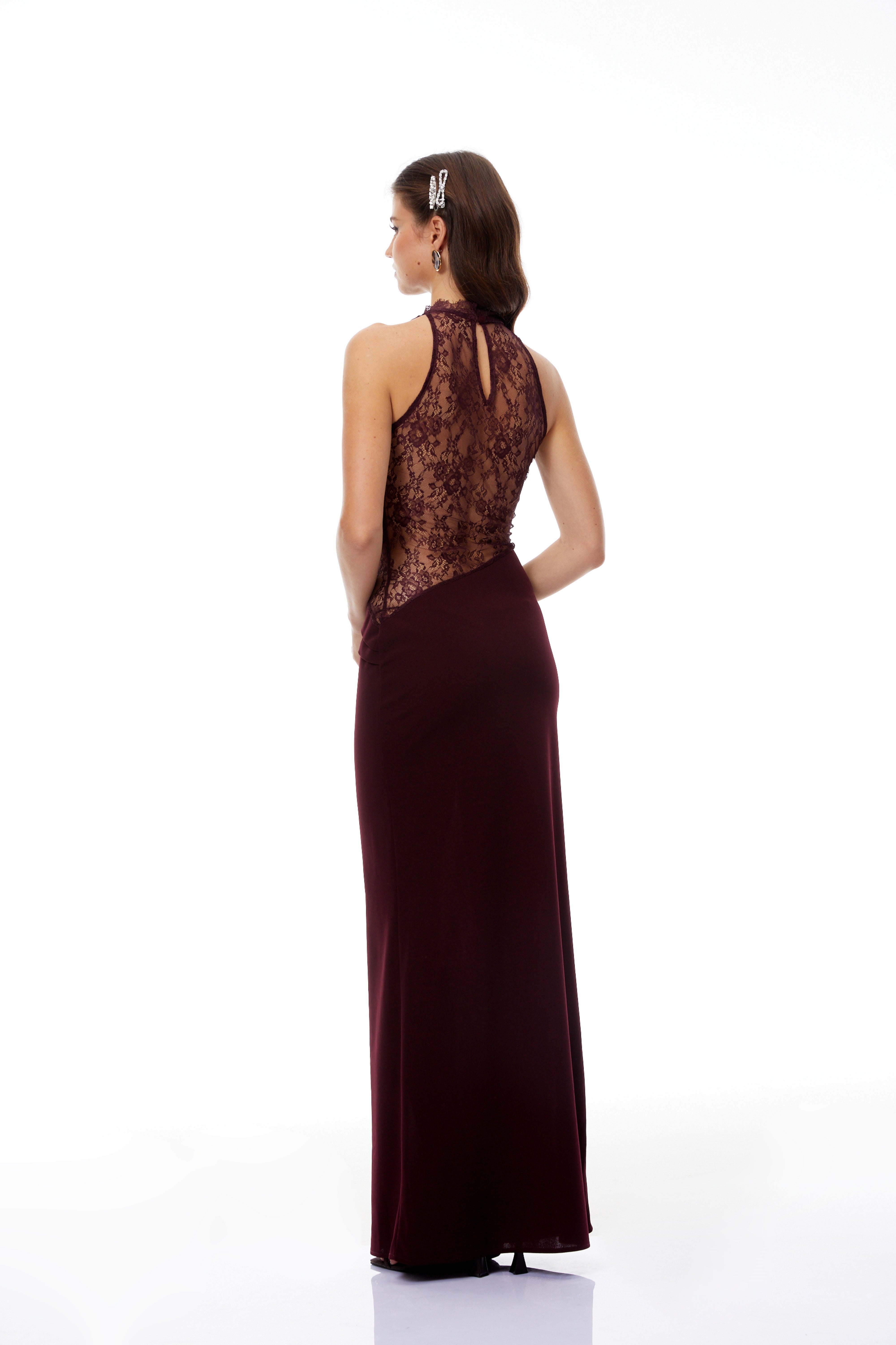 Gioconda Burgundy Halterneck Lace Panel Maxi Dress (Final Sale-US Only)
