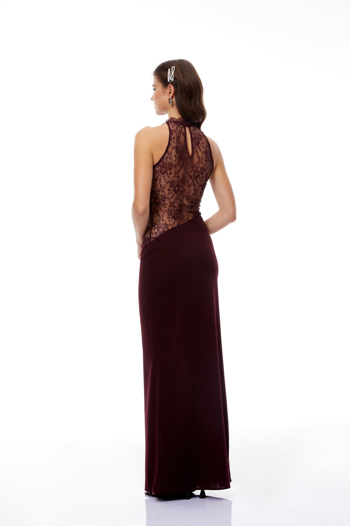 Gioconda Burgundy Halterneck Lace Panel Maxi Dress (Final Sale-US Only)