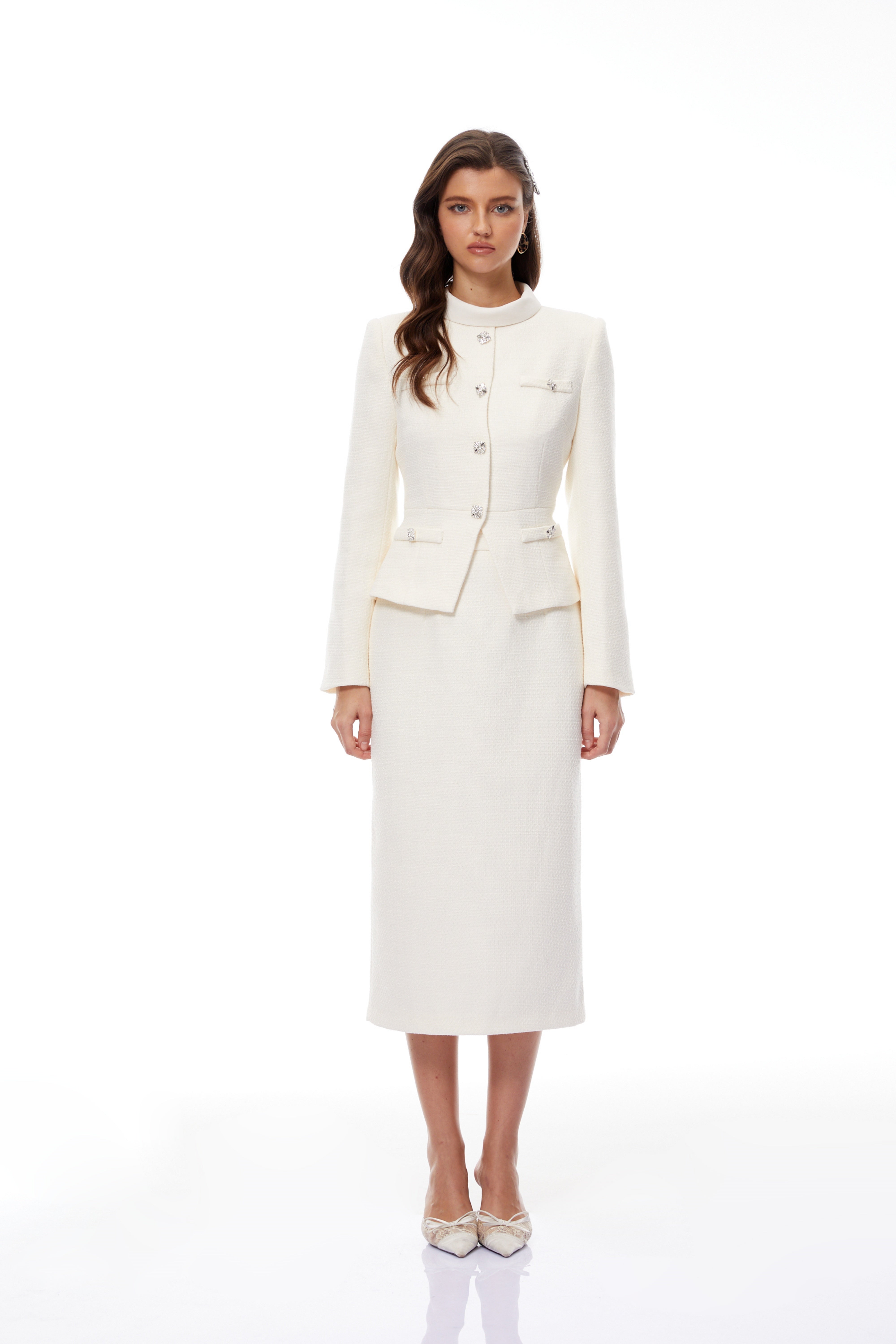 Regina White Crystal Embellished Tweed Jacket & Skirt Set