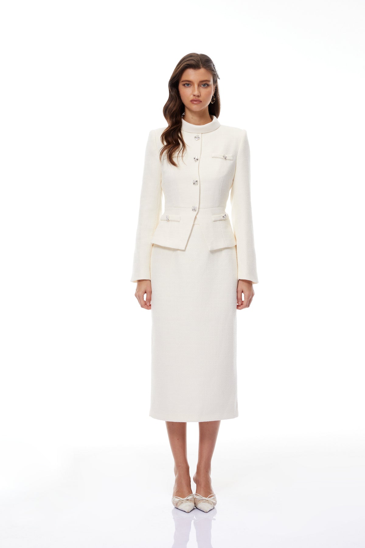 Regina White Crystal Embellished Tweed Jacket & Skirt Set (Final Sale-US Only)