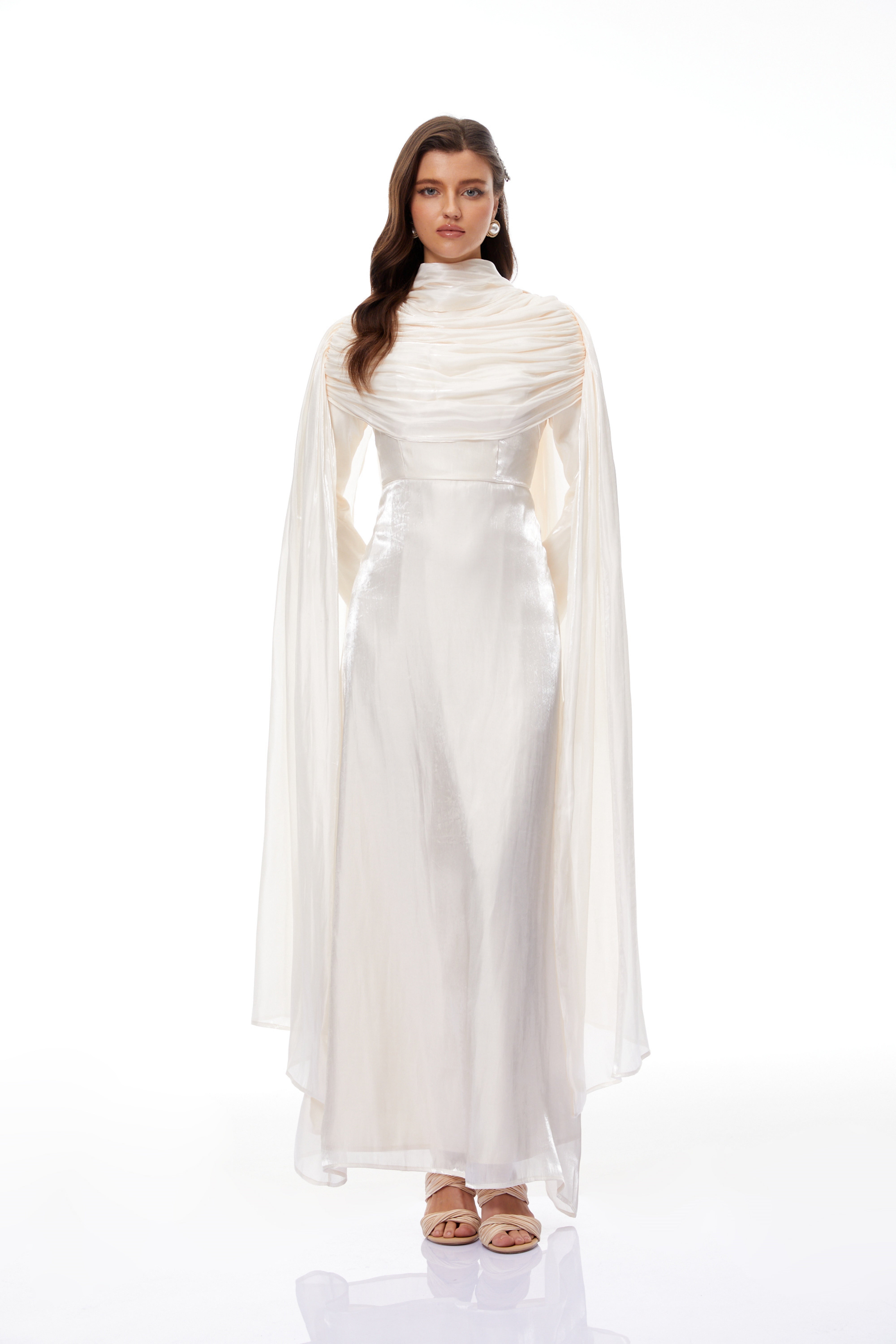 Hege Cream Glossy Ruched Cape Maxi Dress (Final Sale-US Only)