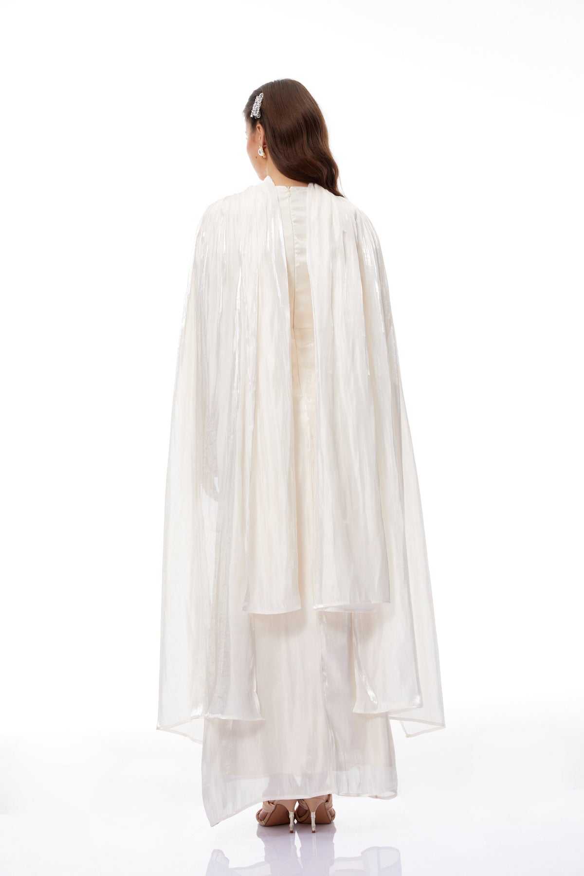 Hege Cream Glossy Ruched Cape Maxi Dress (Final Sale-US Only)
