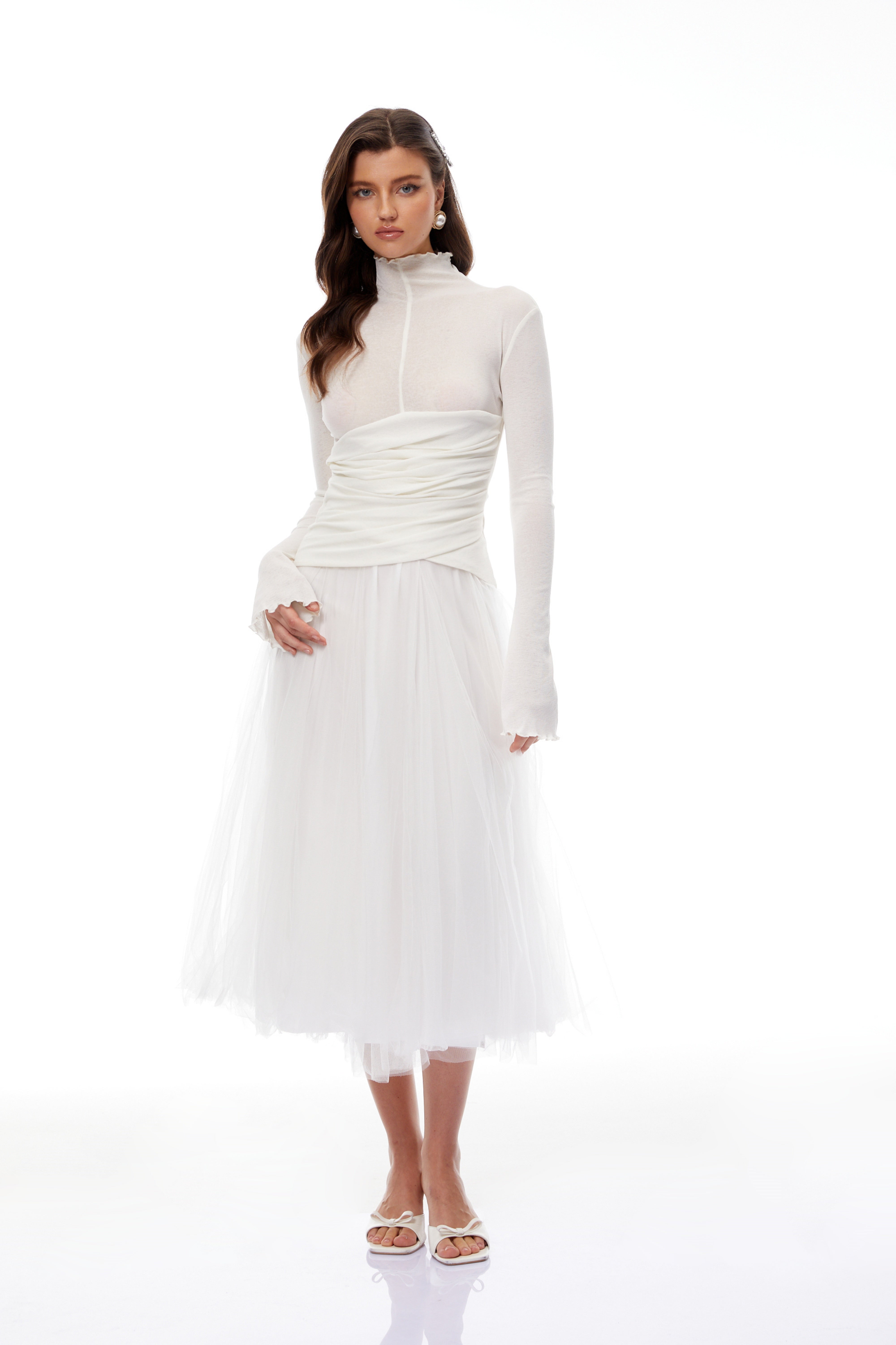 Lark White Tulle Panel Knit Midi Dress (Final Sale-US Only)