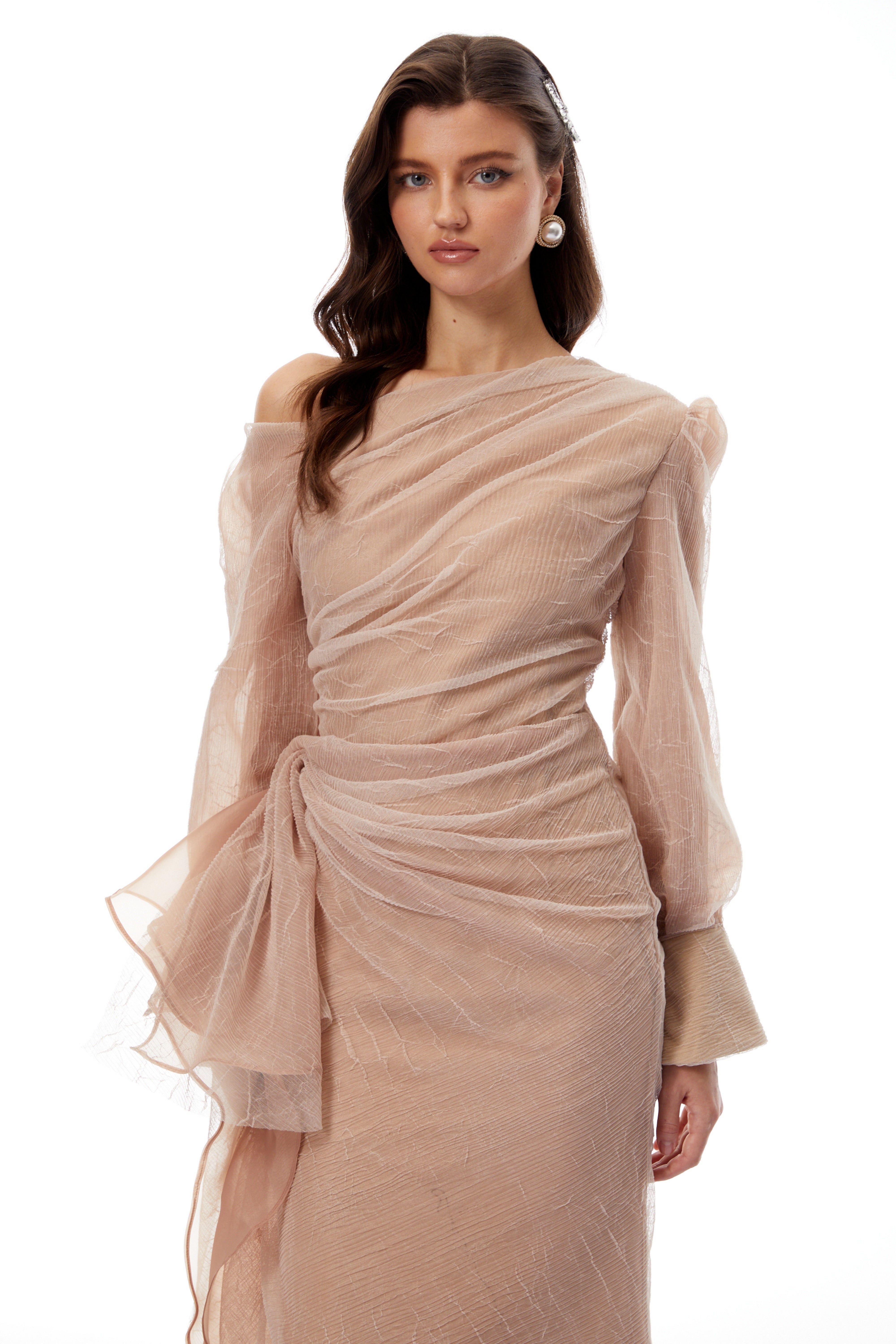 Pietro Khaki Asymmetrical Gathered Midi Dress (Final Sale-US Only)