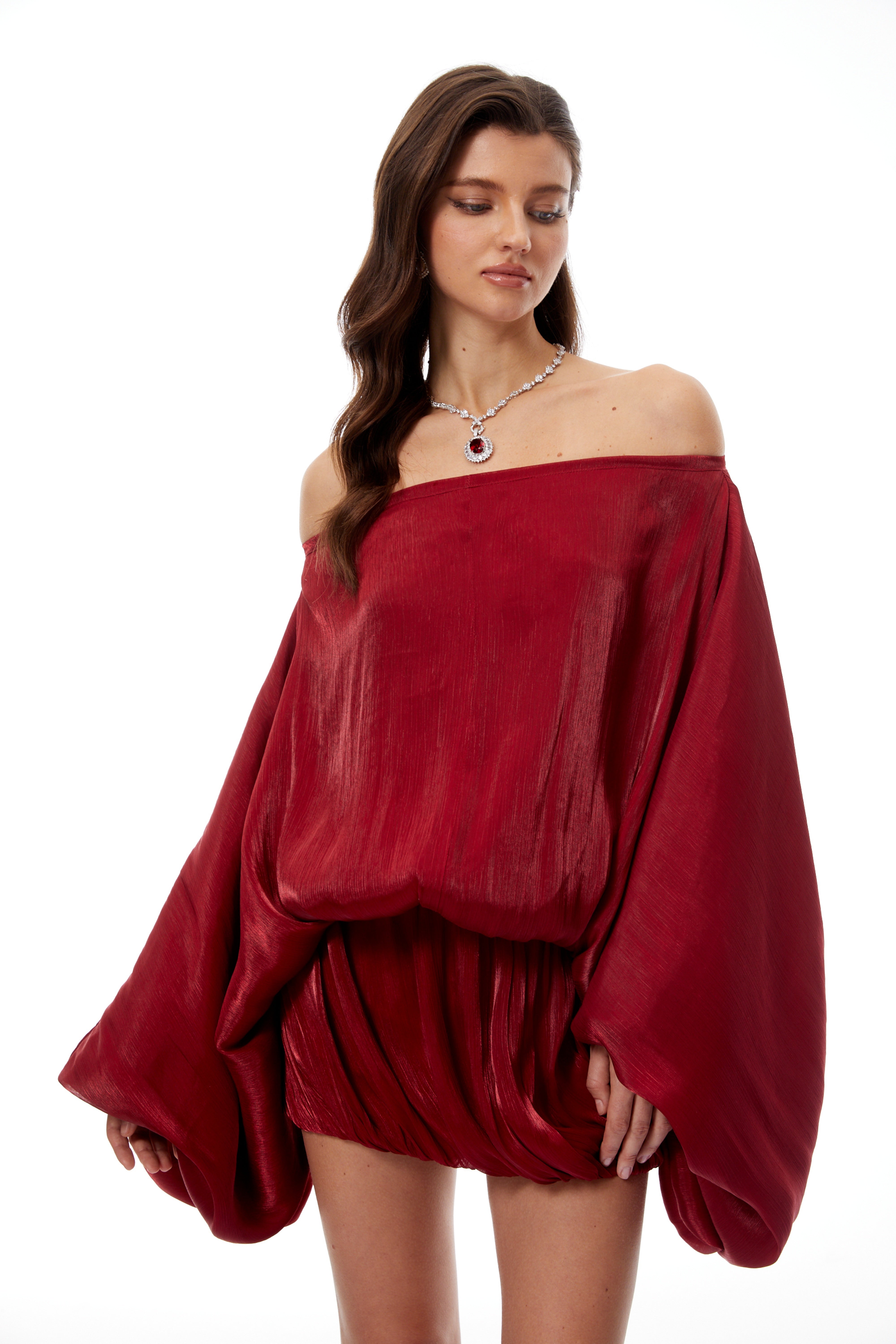 Patrizia Red Off Shoulder Glossy Mini Dress (Final Sale)