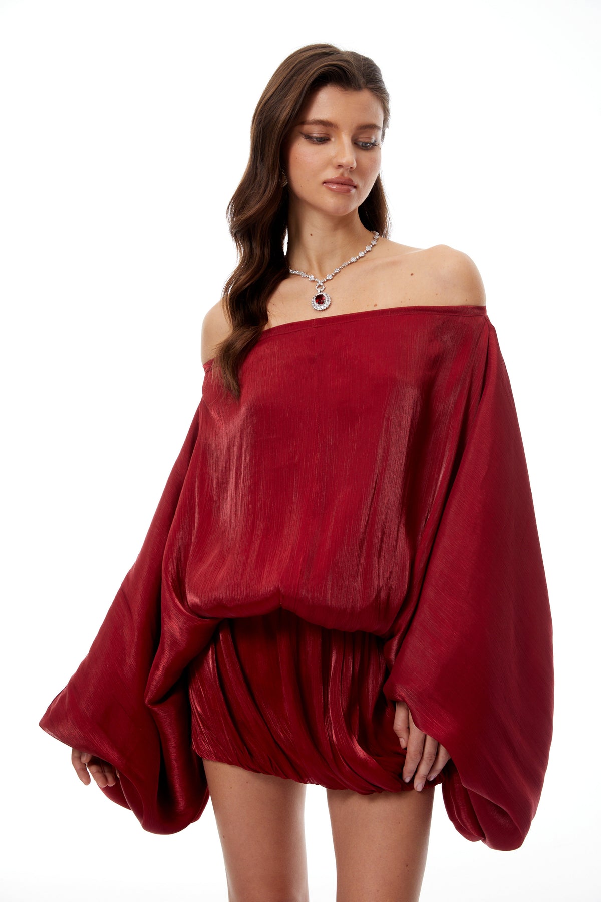 Patrizia Red Off Shoulder Glossy Mini Dress (Final Sale)