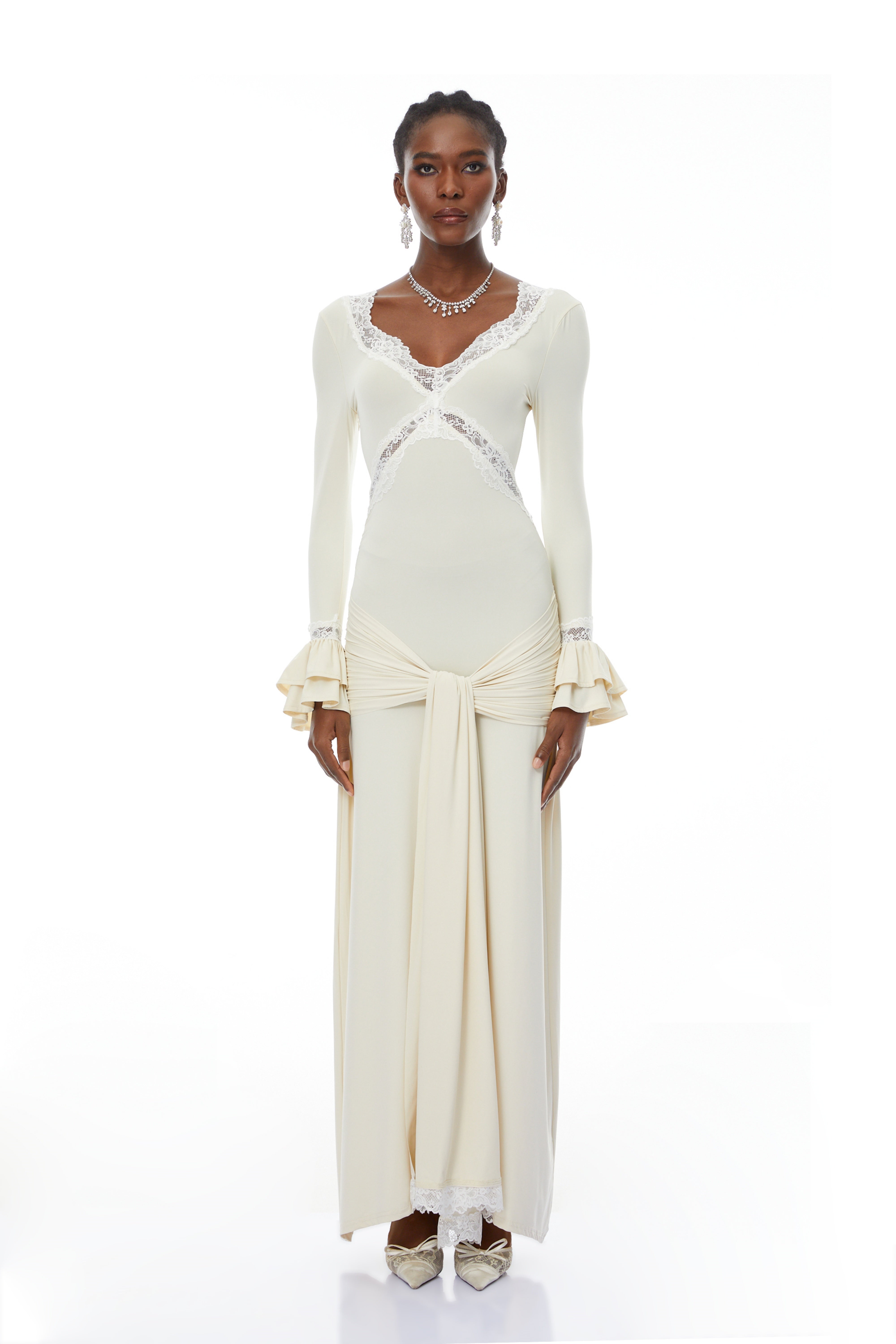 Tonina White Lace Trim Twisted Maxi Dress (Final Sale-US Only)