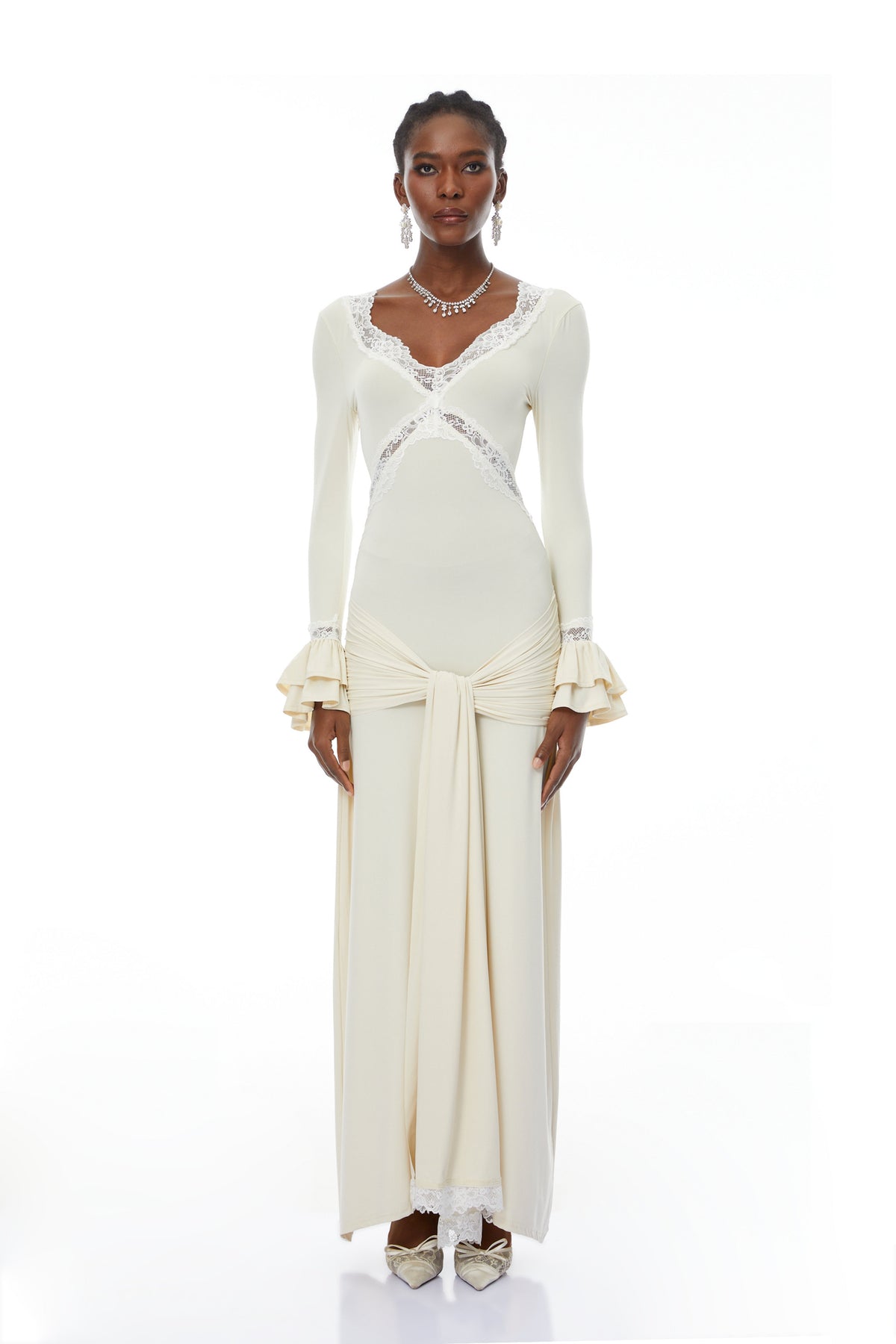 Tonina White Lace Trim Twisted Maxi Dress (Final Sale)