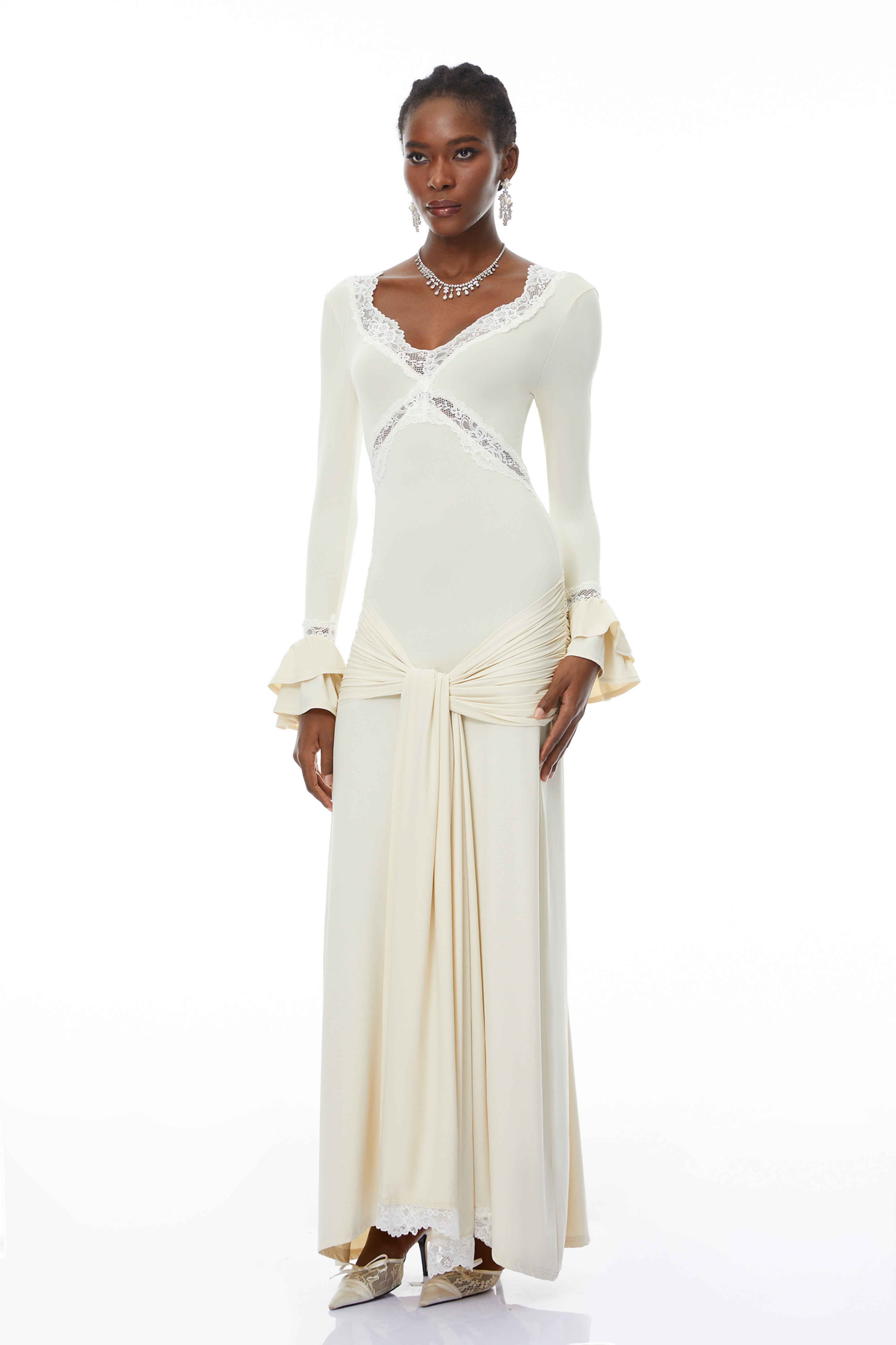 Tonina White Lace Trim Twisted Maxi Dress (Final Sale-US Only)