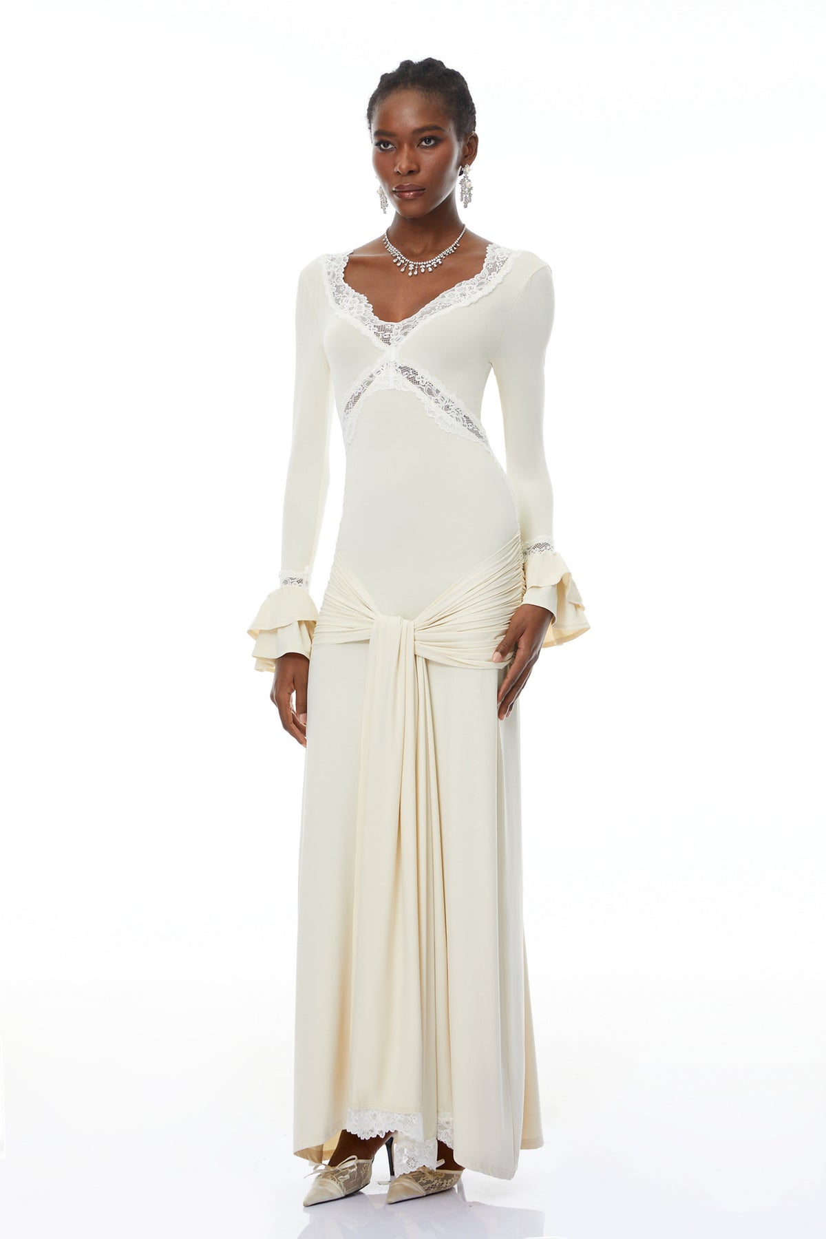 Tonina White Lace Trim Twisted Maxi Dress (Final Sale)