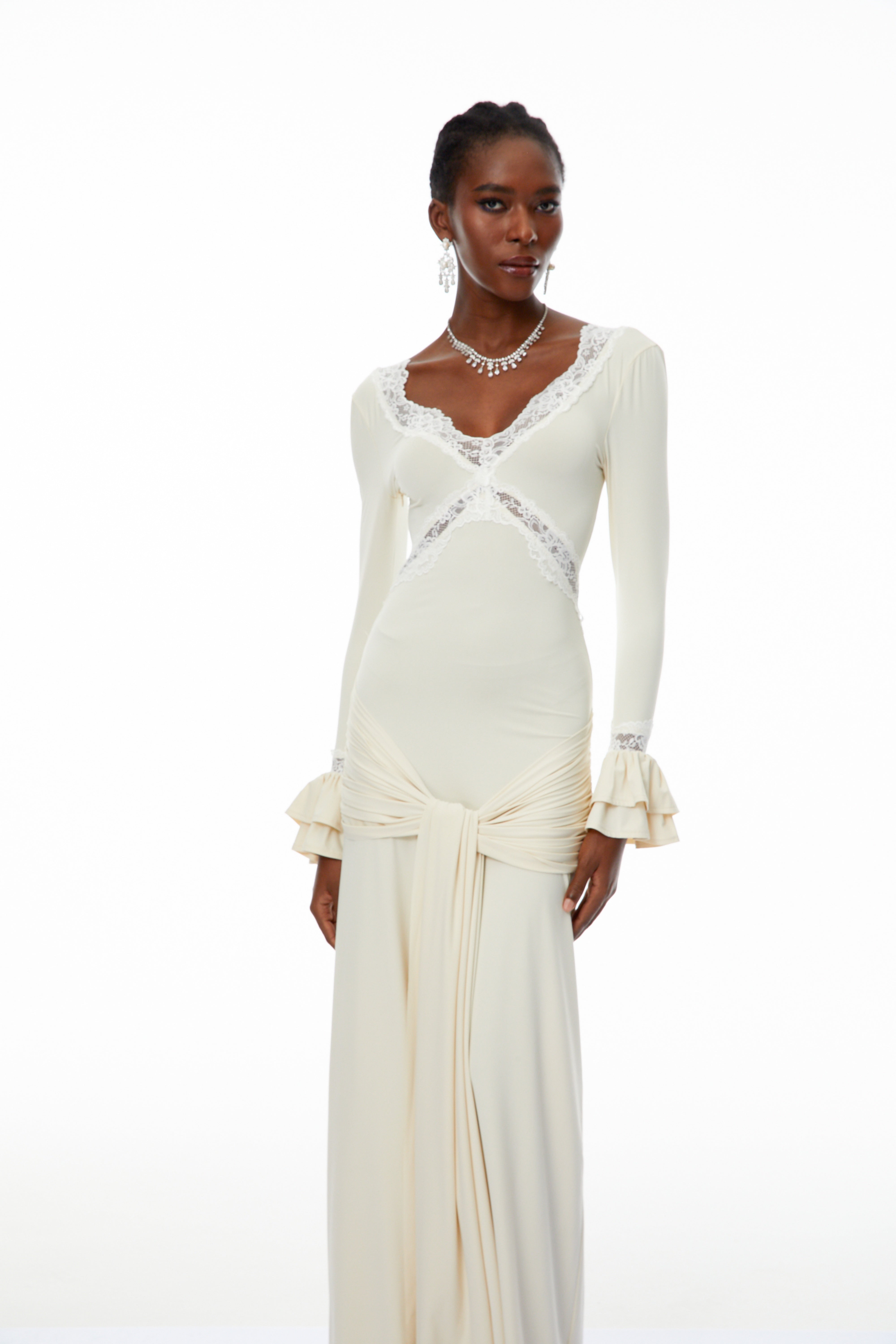 Tonina White Lace Trim Twisted Maxi Dress (Final Sale)