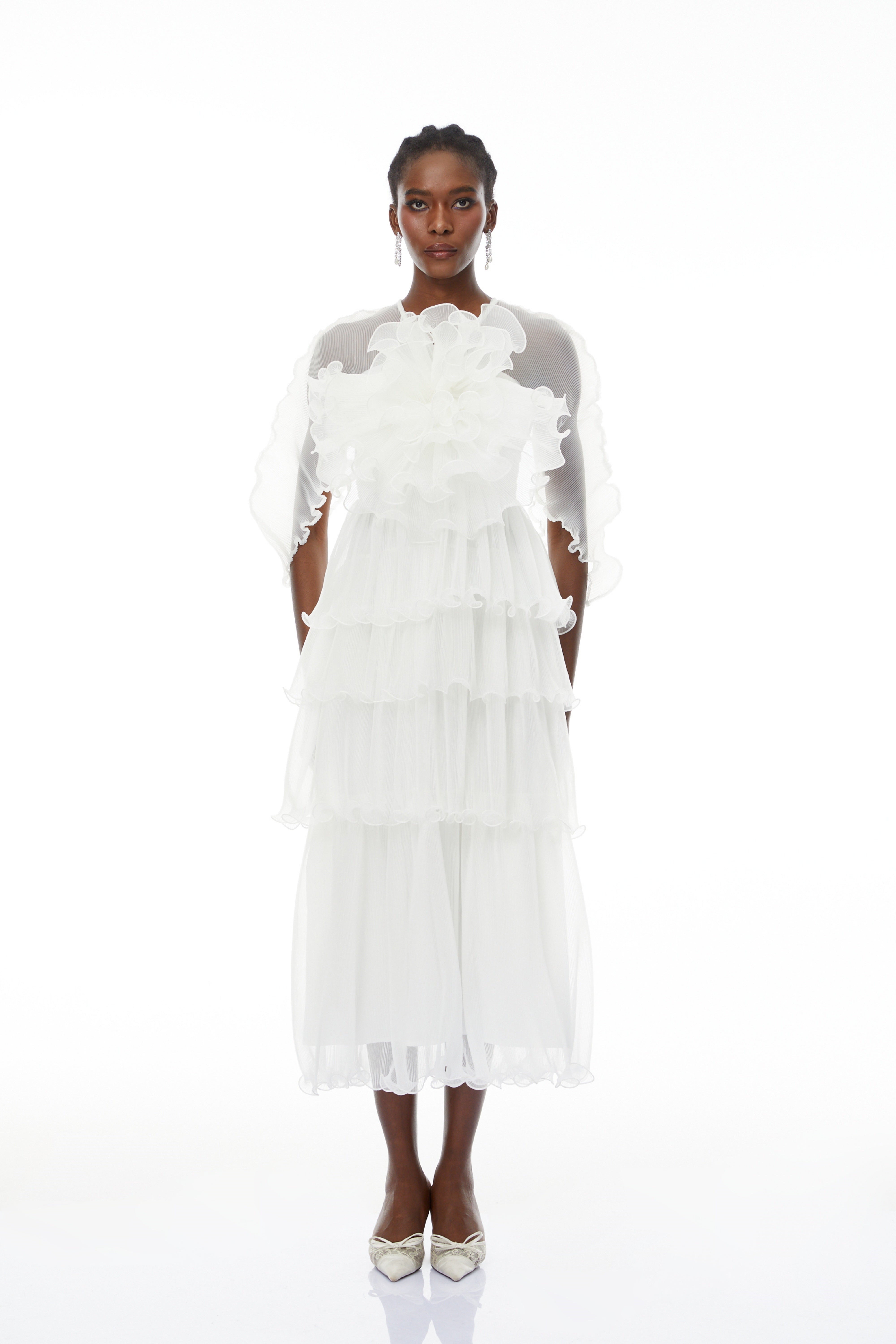 Simona White Floral Ruffled Tiered Midi Dress (Final Sale)