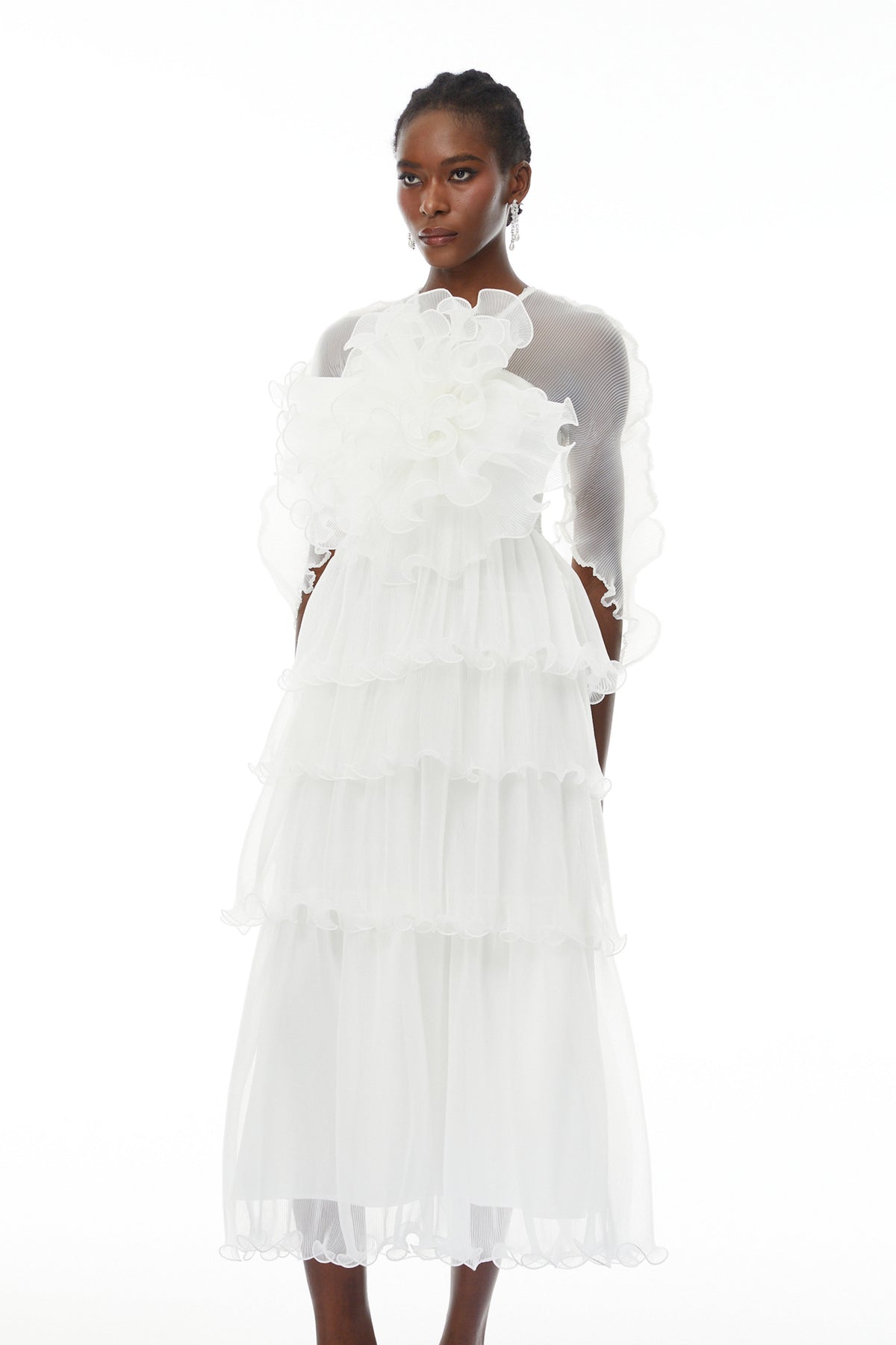 Simona White Floral Ruffled Tiered Midi Dress