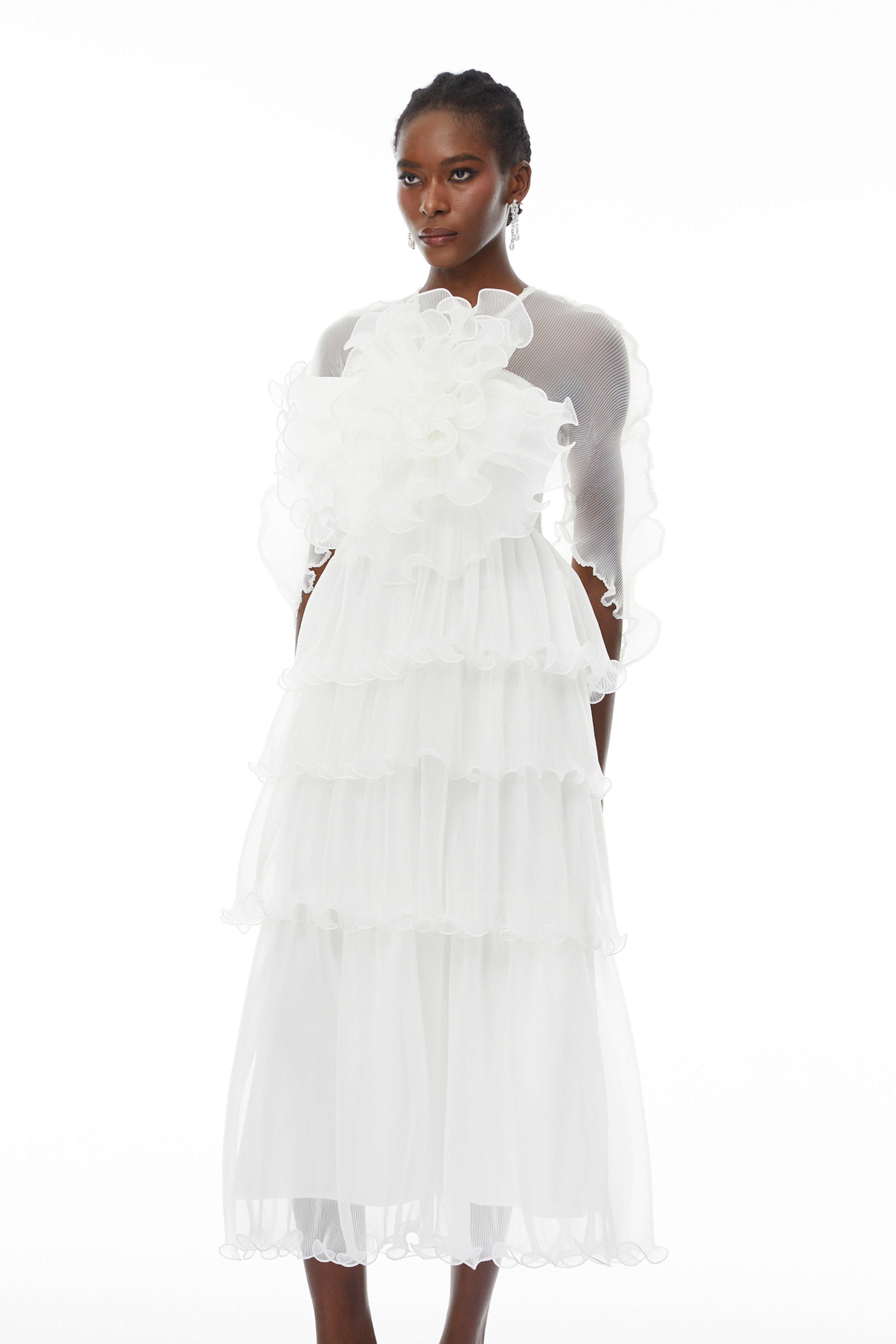 Simona White Floral Ruffled Tiered Midi Dress (Final Sale)