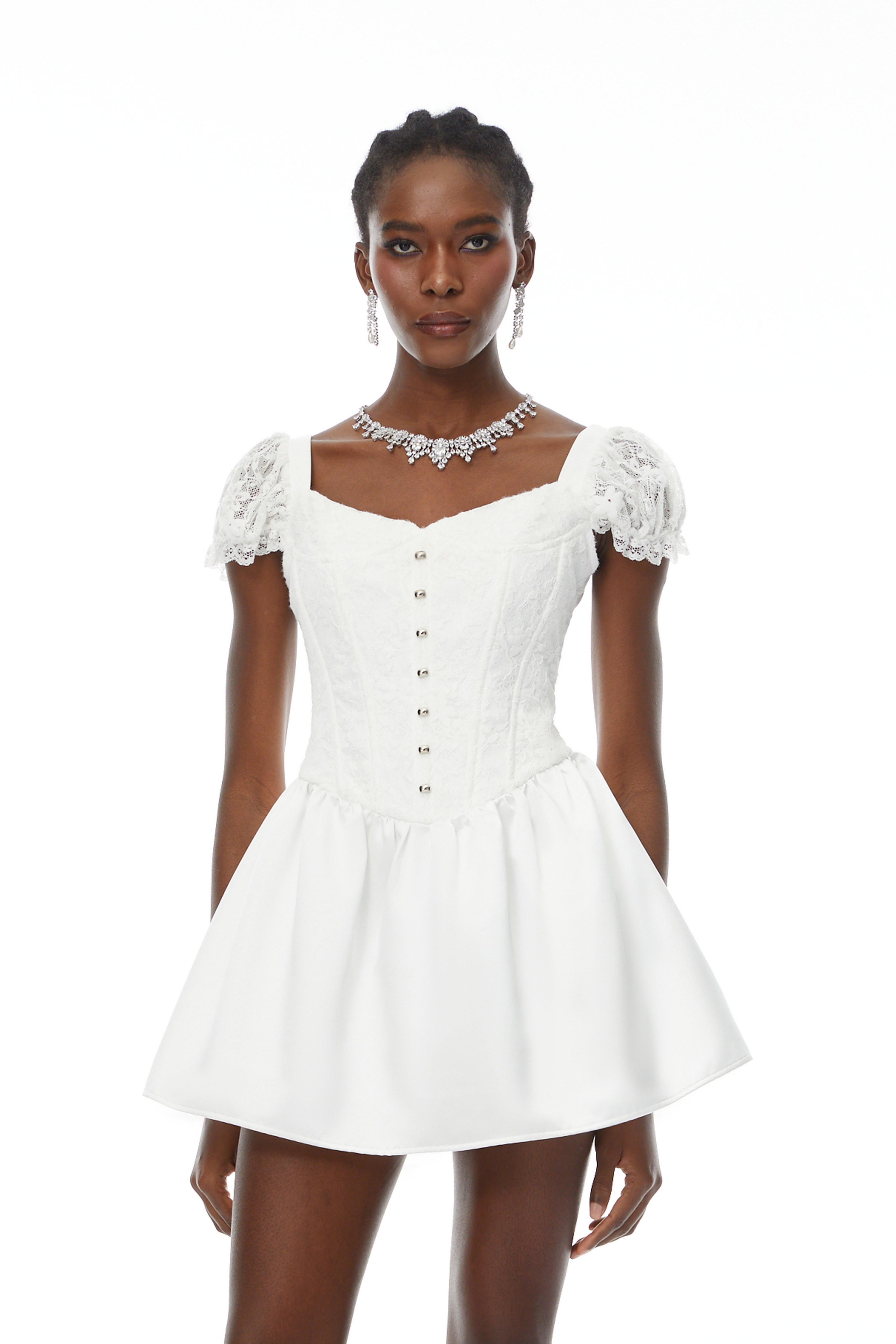 Candice White Lace Panel Corset Puff Mini Dress (Final Sale)