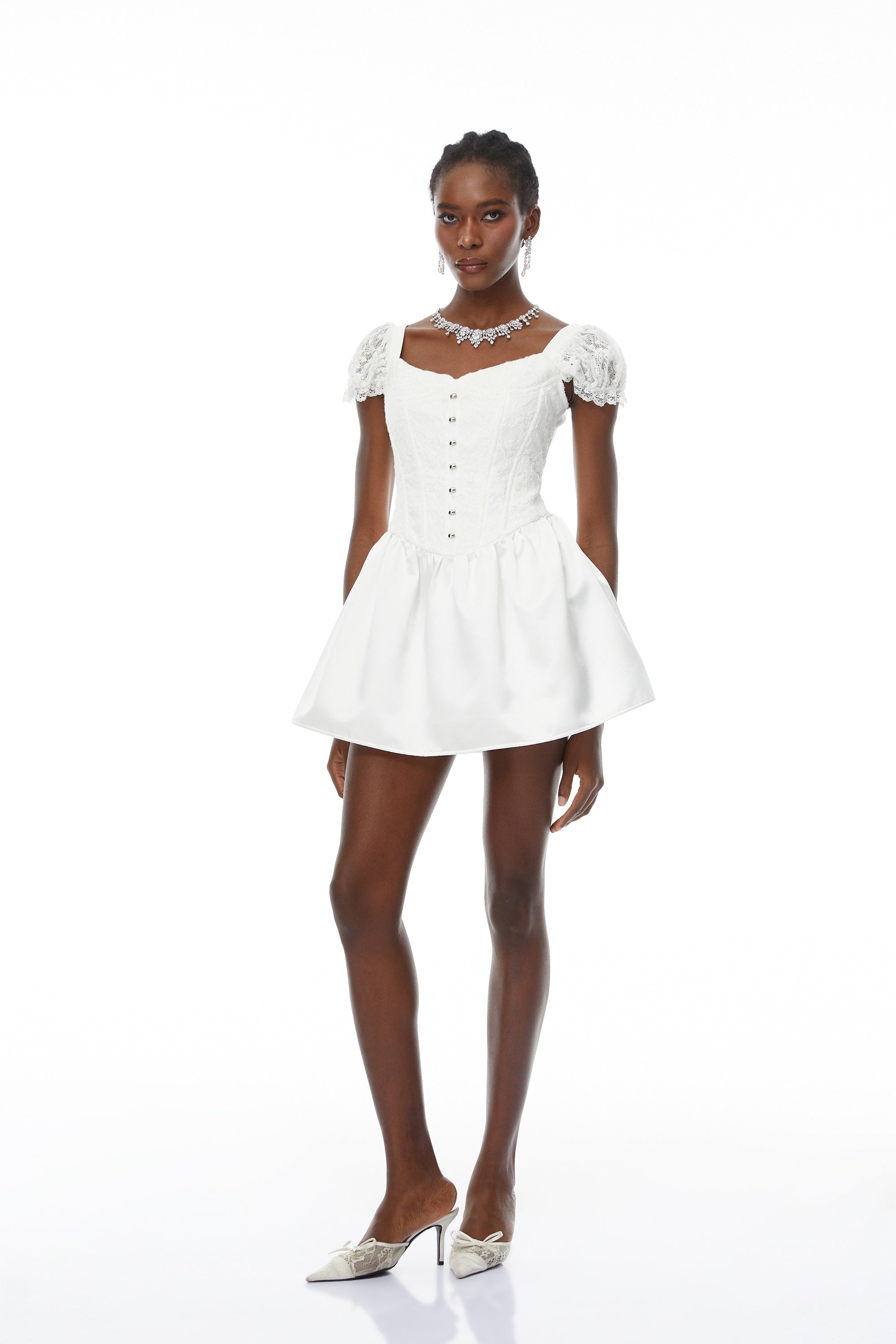 Candice White Lace Panel Corset Puff Mini Dress (Final Sale)