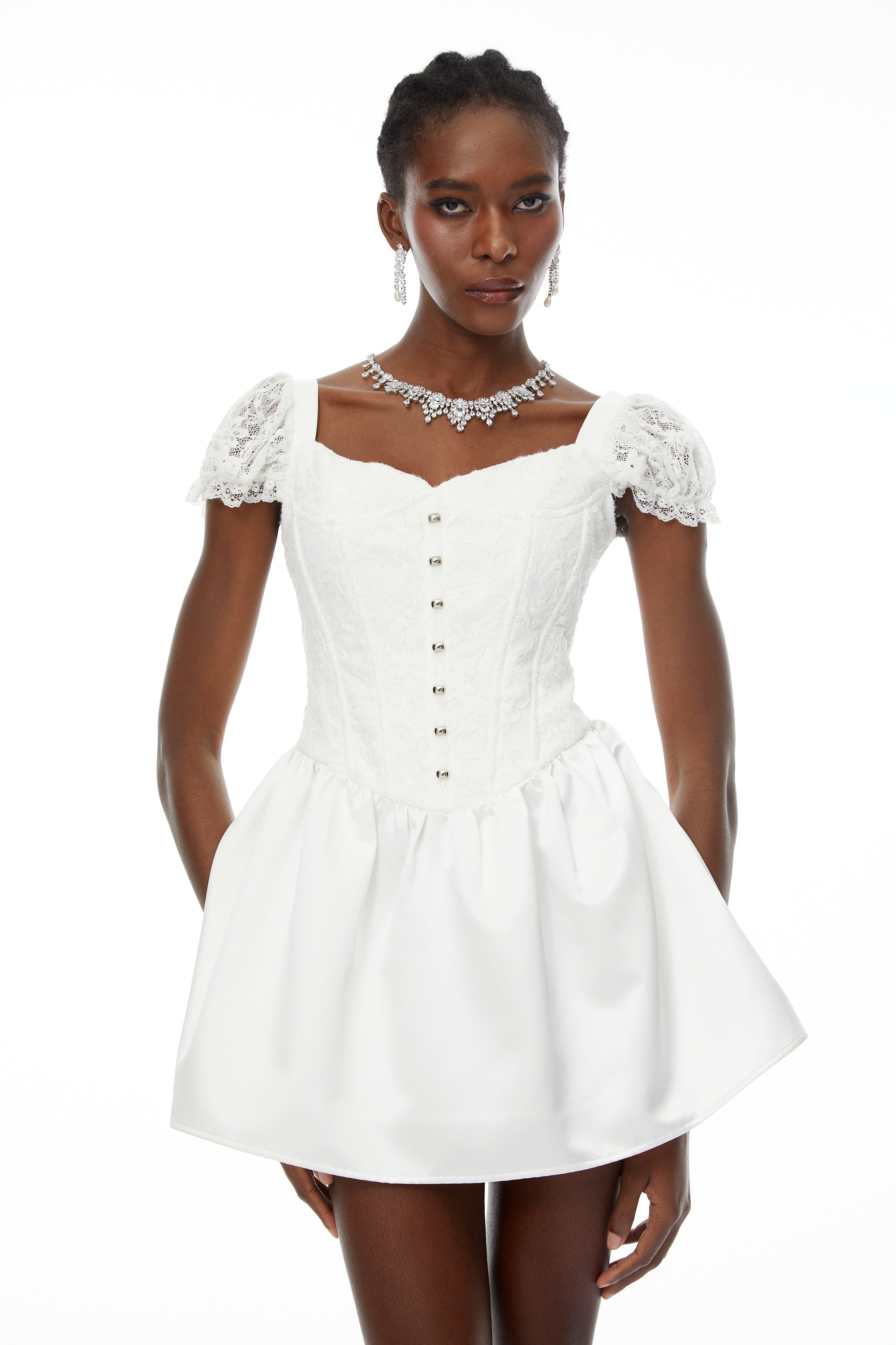 Candice White Lace Panel Corset Puff Mini Dress (Final Sale)