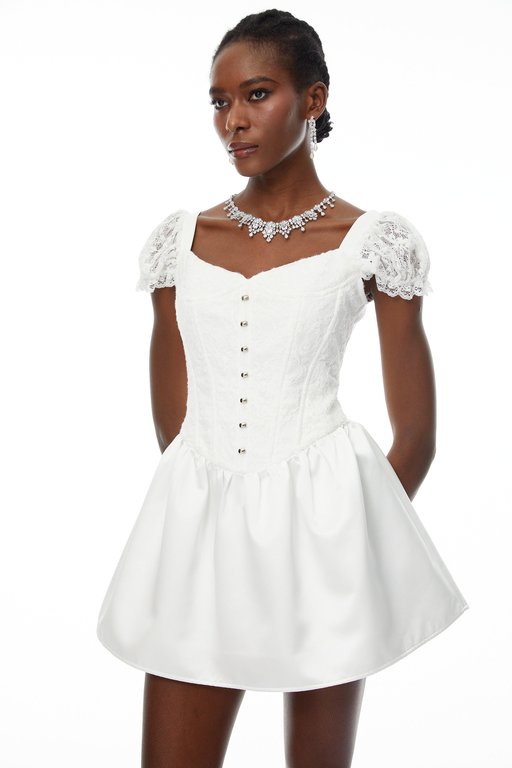 Candice White Lace Panel Corset Puff Mini Dress (Final Sale)