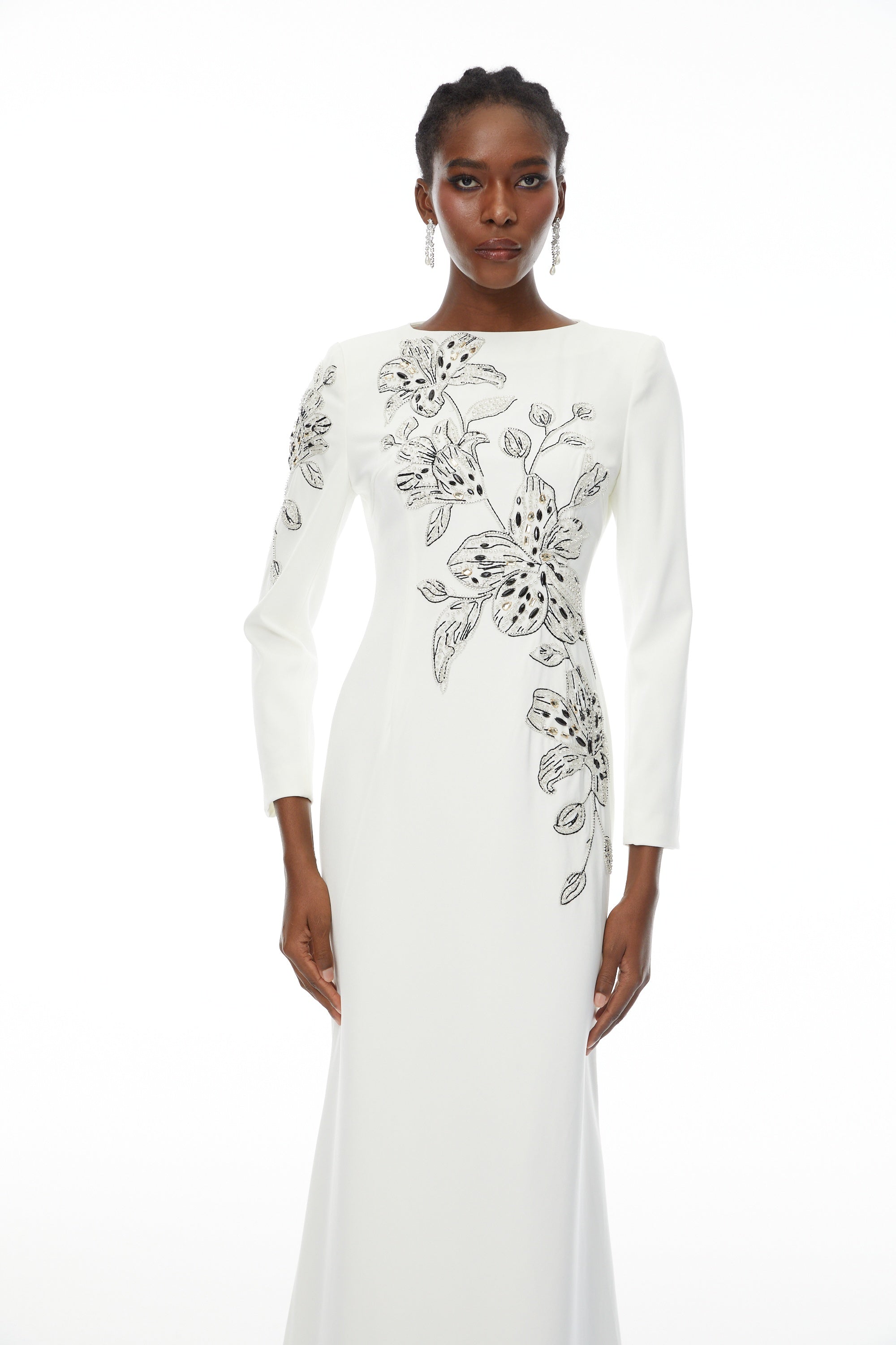 Michele White Embellished Maxi Gown with Floral Embroidered (Final Sale)
