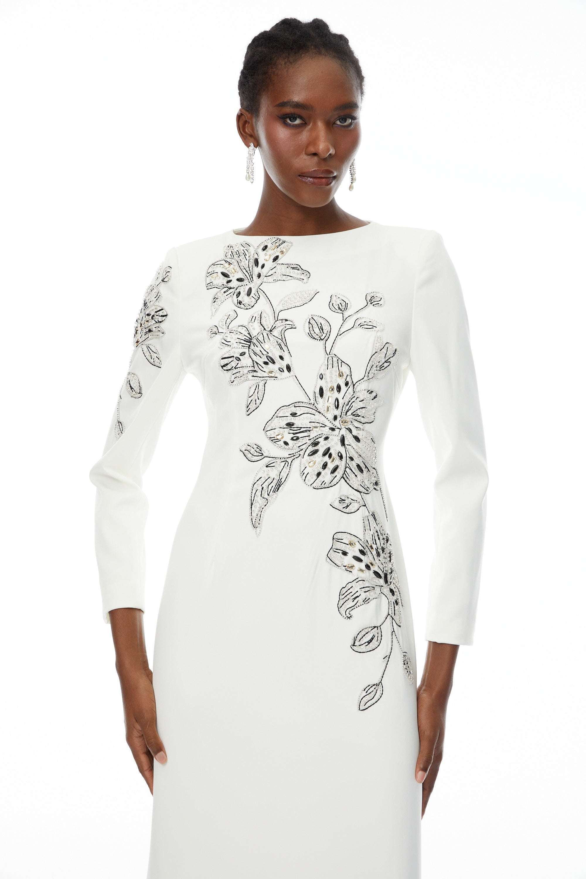 Michele White Embellished Maxi Gown with Floral Embroidered (Final Sale)