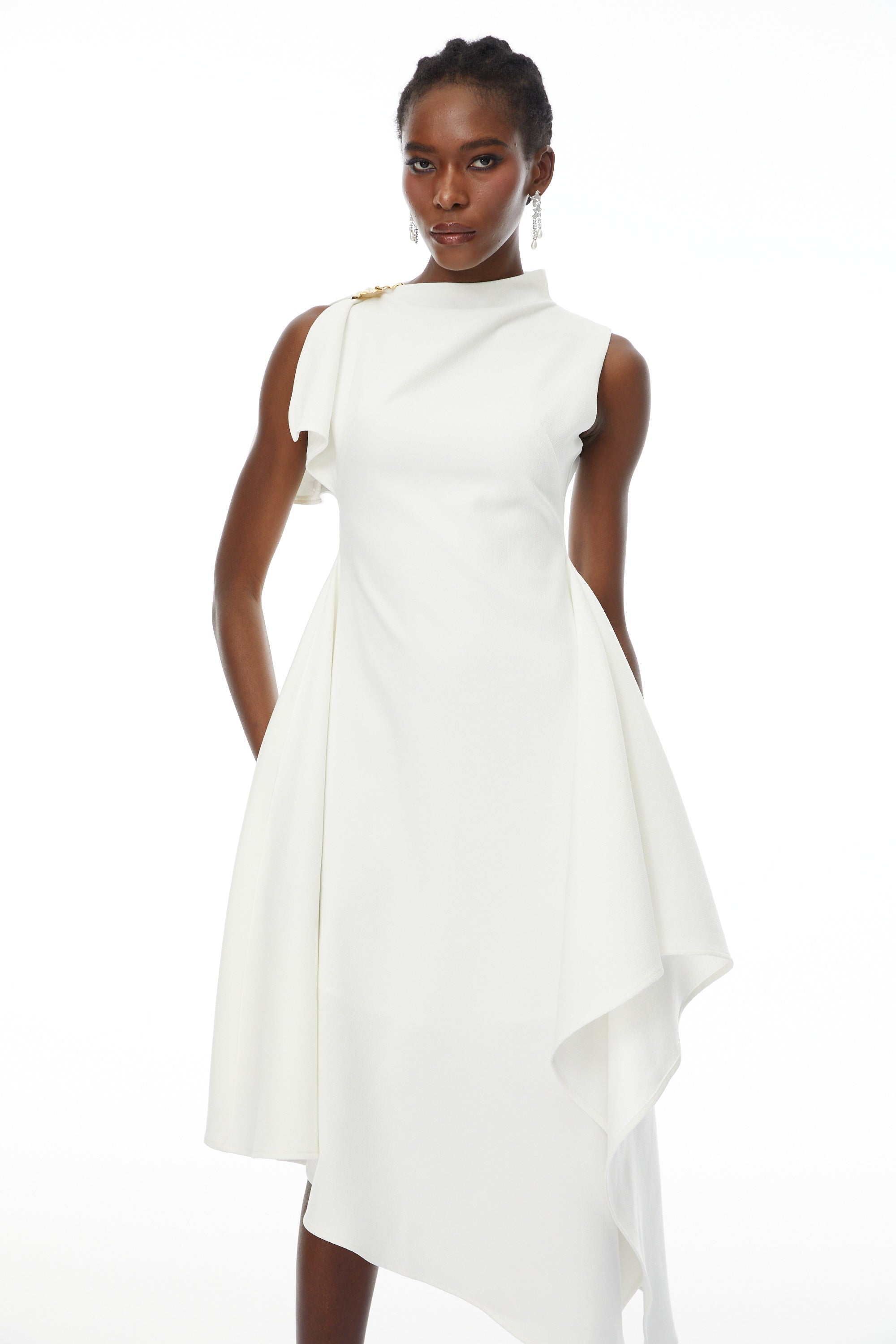 Liana White Asymmetrical Flared Midi Dress (Final Sale-US Only)