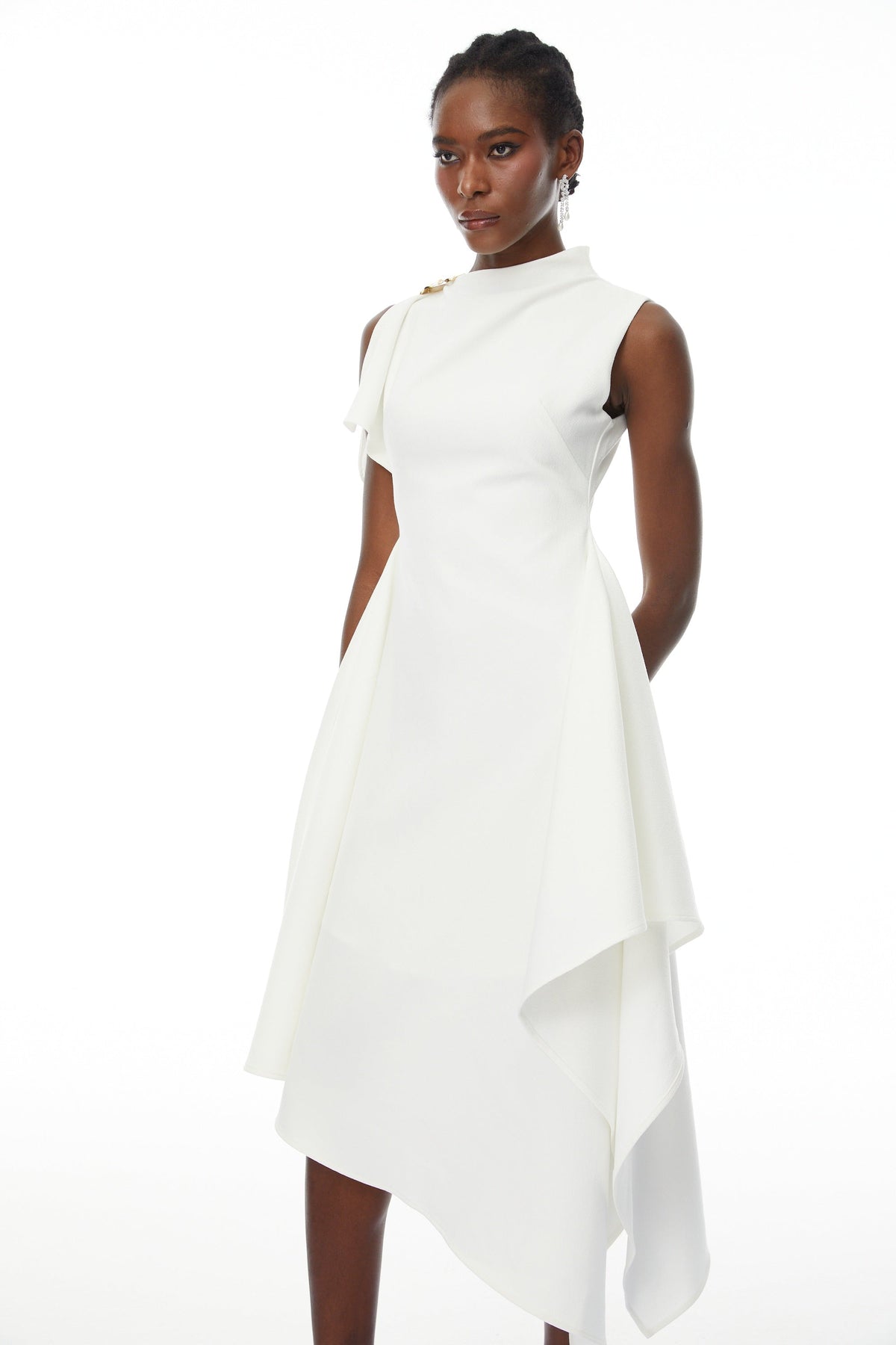 Liana White Asymmetrical Flared Midi Dress