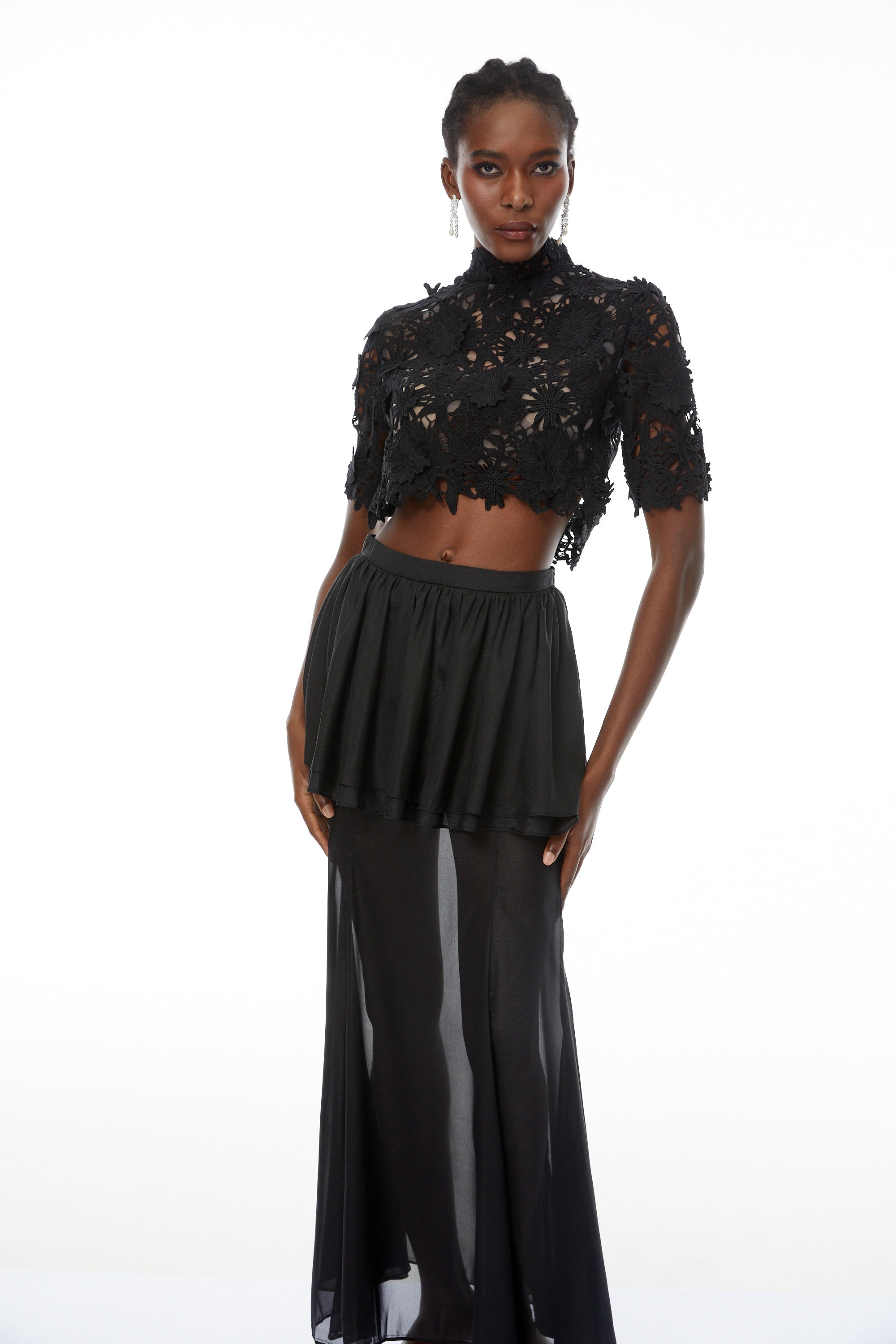 Candice Black Cut Out Top & Ruffled Skirt Set