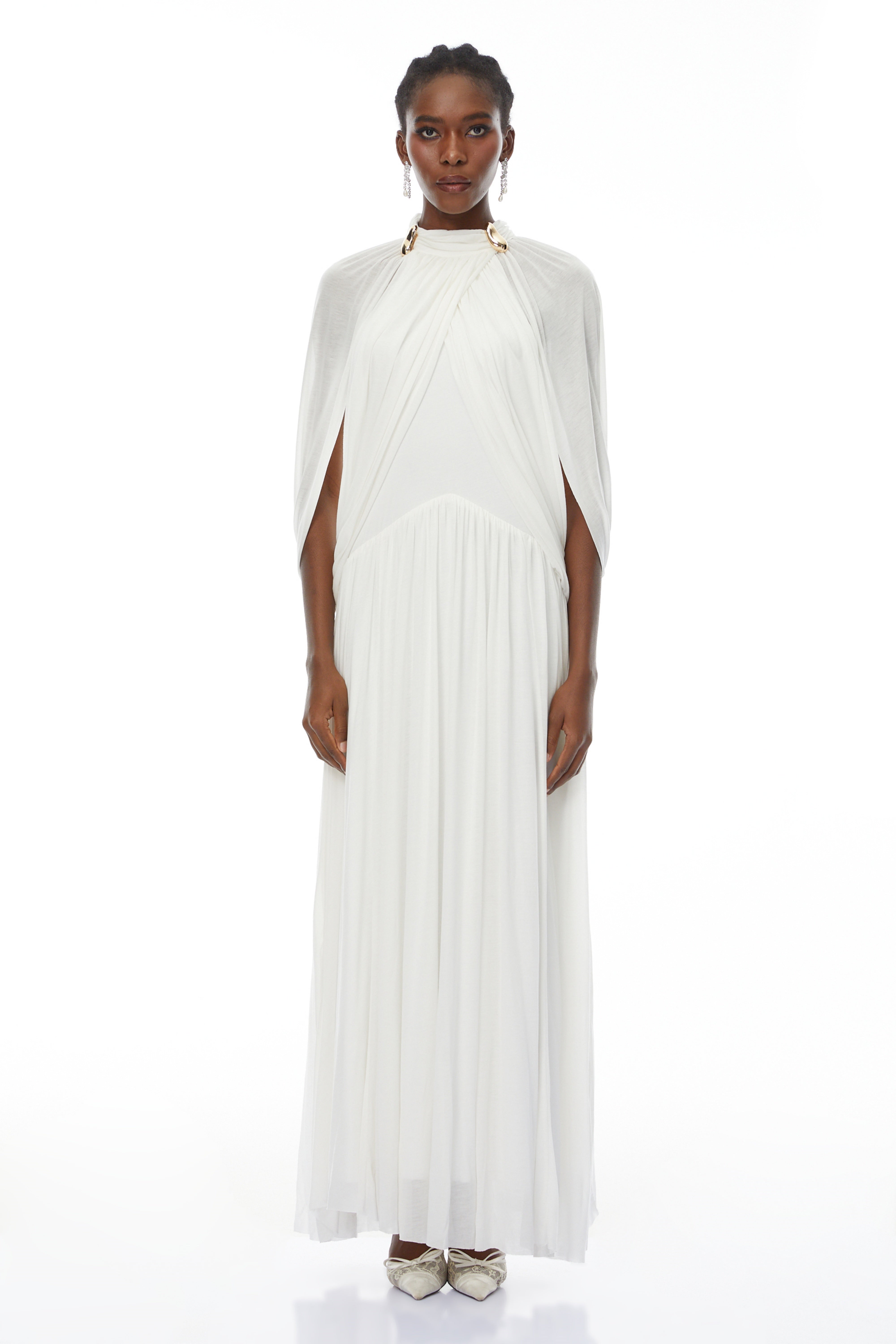 Bergljot White Cape Design Mesh Maxi Dress