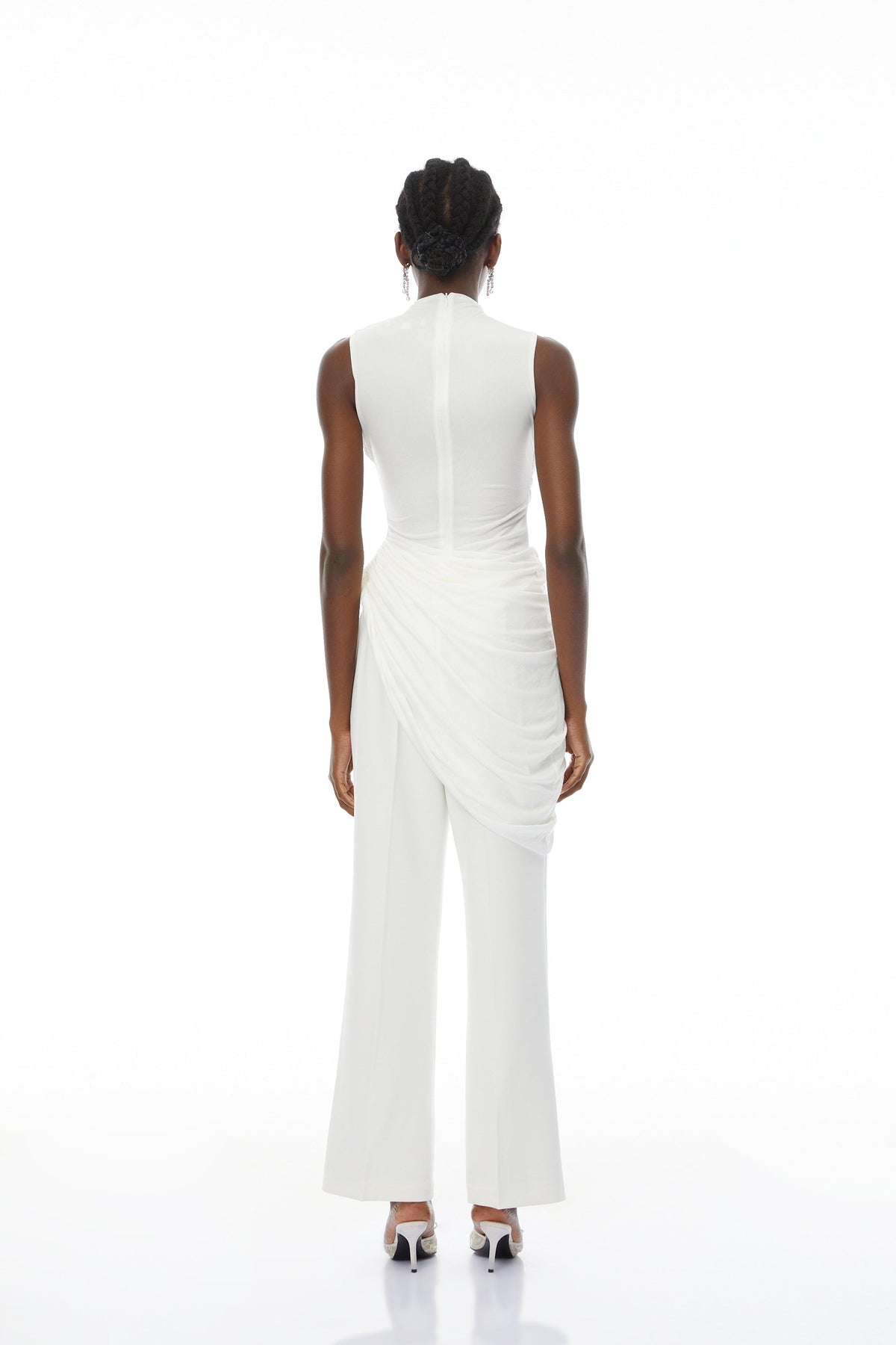 Camille White Asymmetrical Gathered Top & Trousers Set