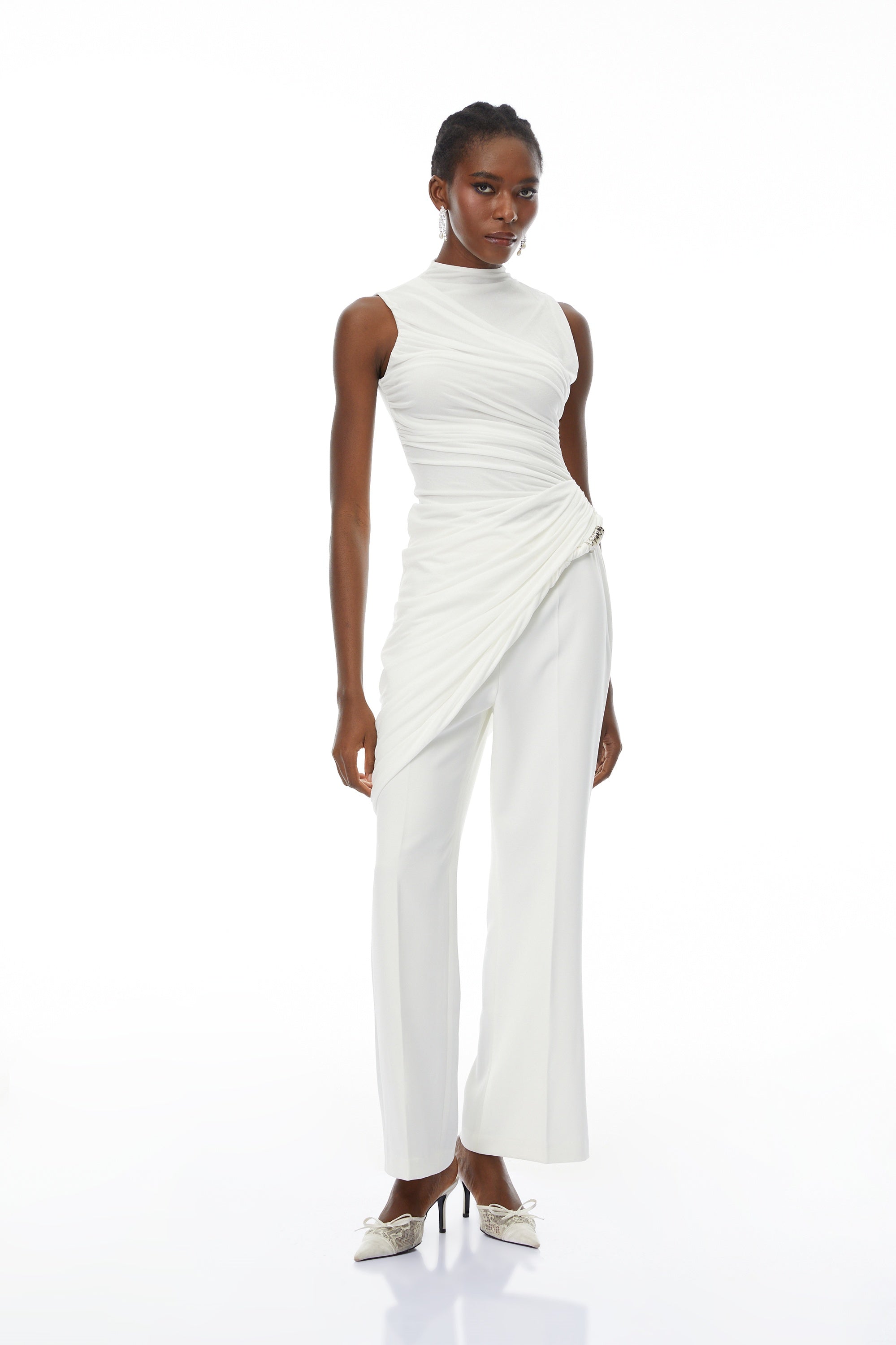 Camille White Asymmetrical Gathered Top & Trousers Set (Final Sale)