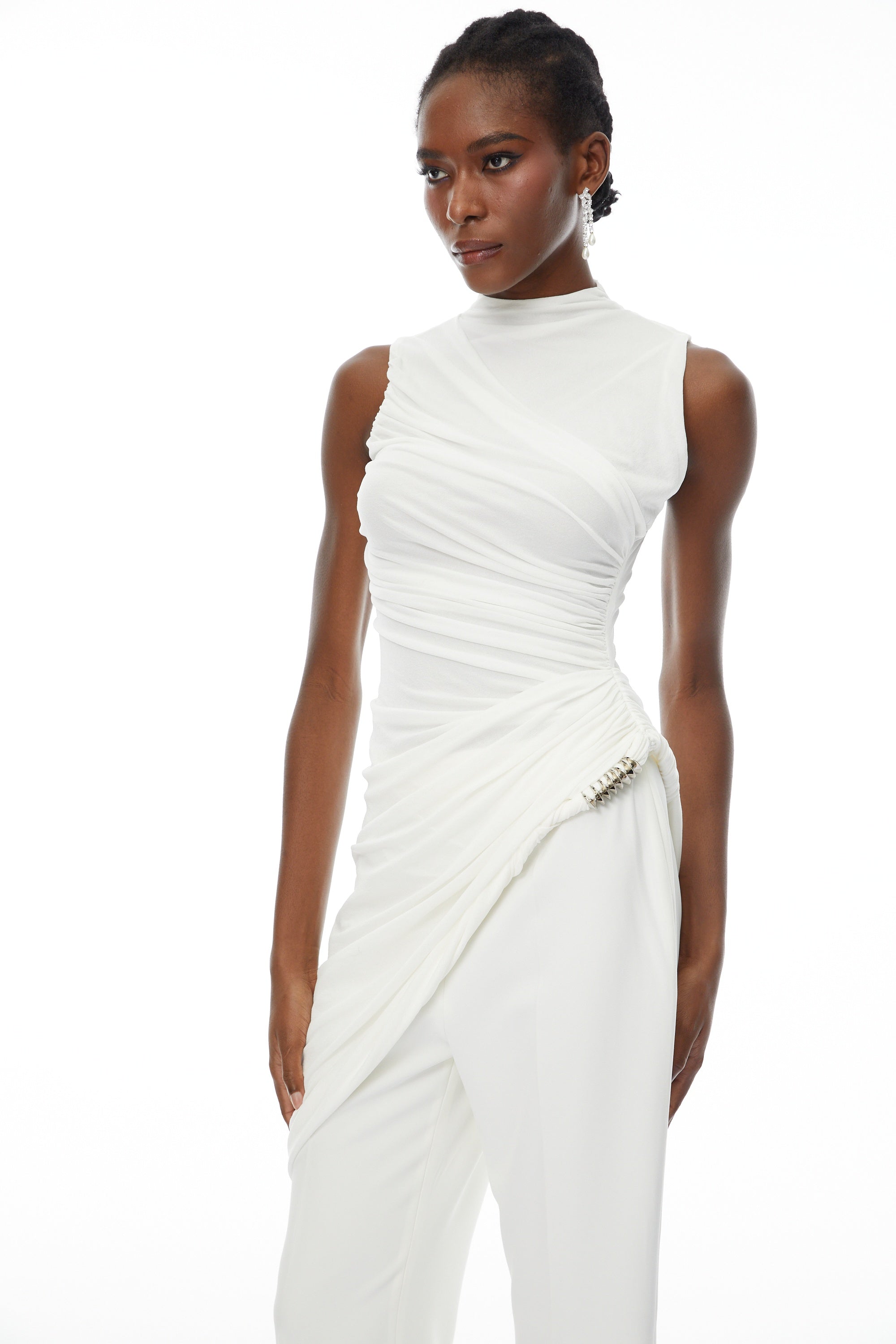 Camille White Asymmetrical Gathered Top & Trousers Set (Final Sale)