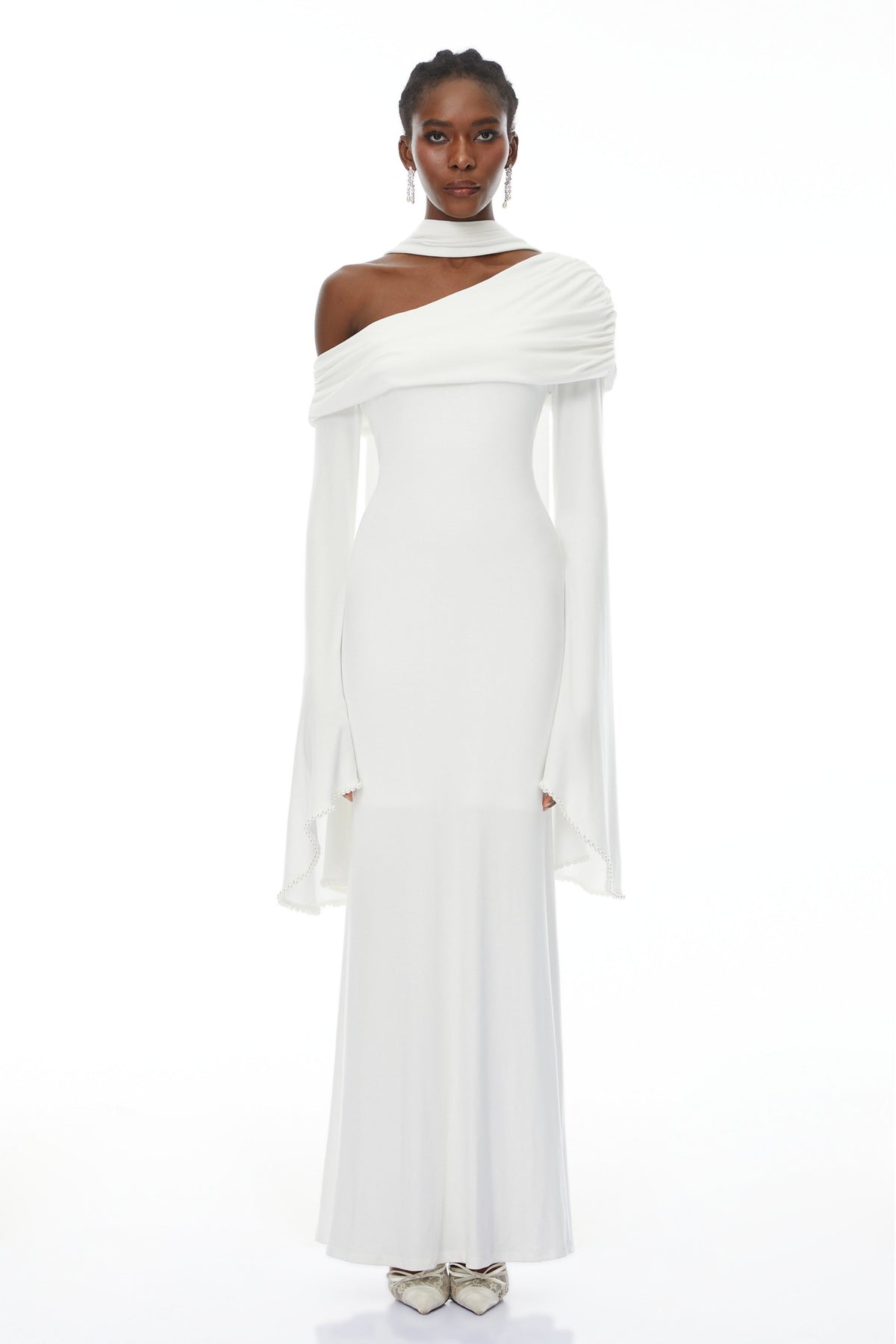 Simona White One Shoulder Pearl Trim Maxi Gown