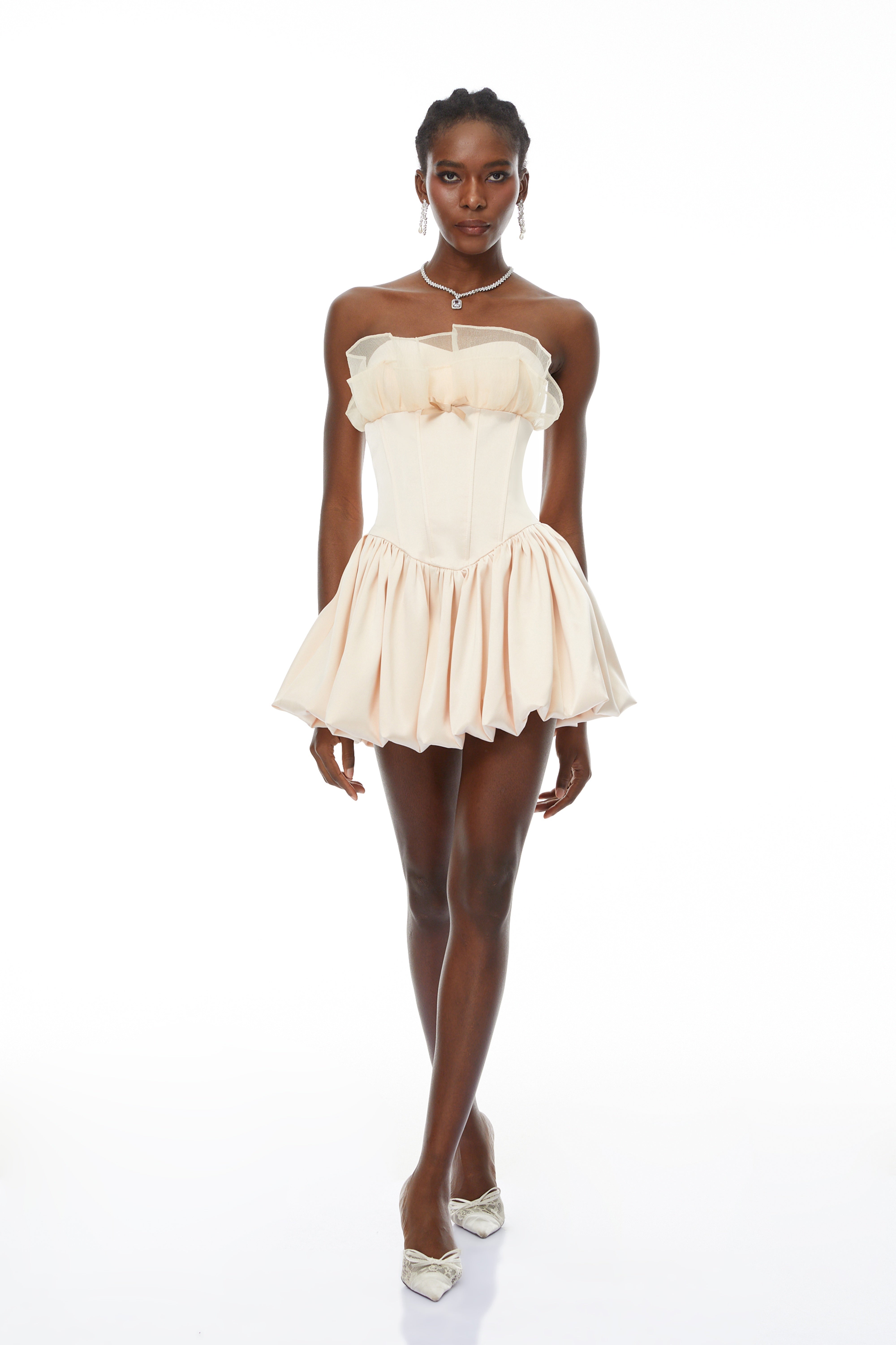 Eira Neutral Strapless Bubble Hem Mini Dress (Final Sale-US Only)