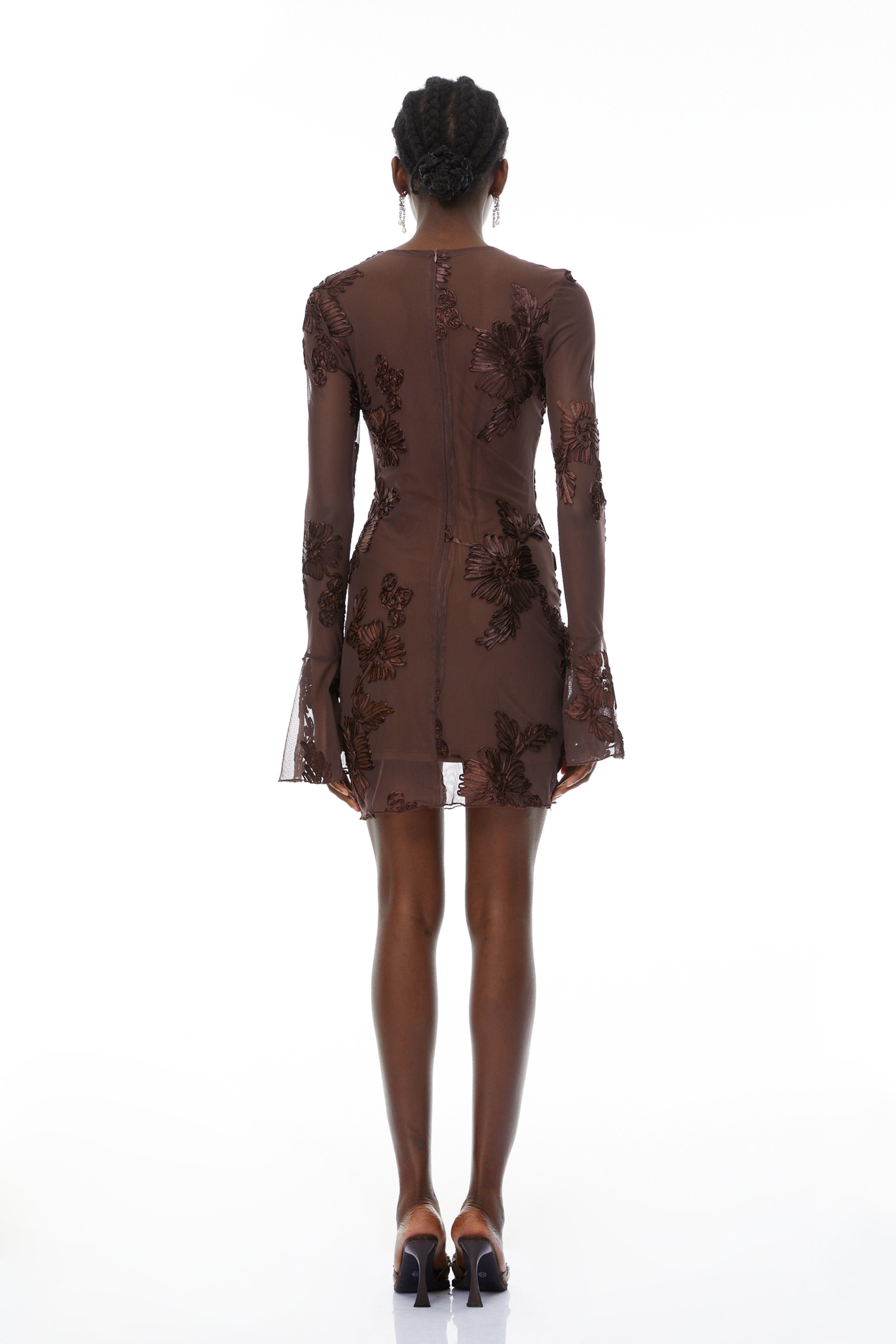 Uxue Brown Floral Embroidered Mini Dress