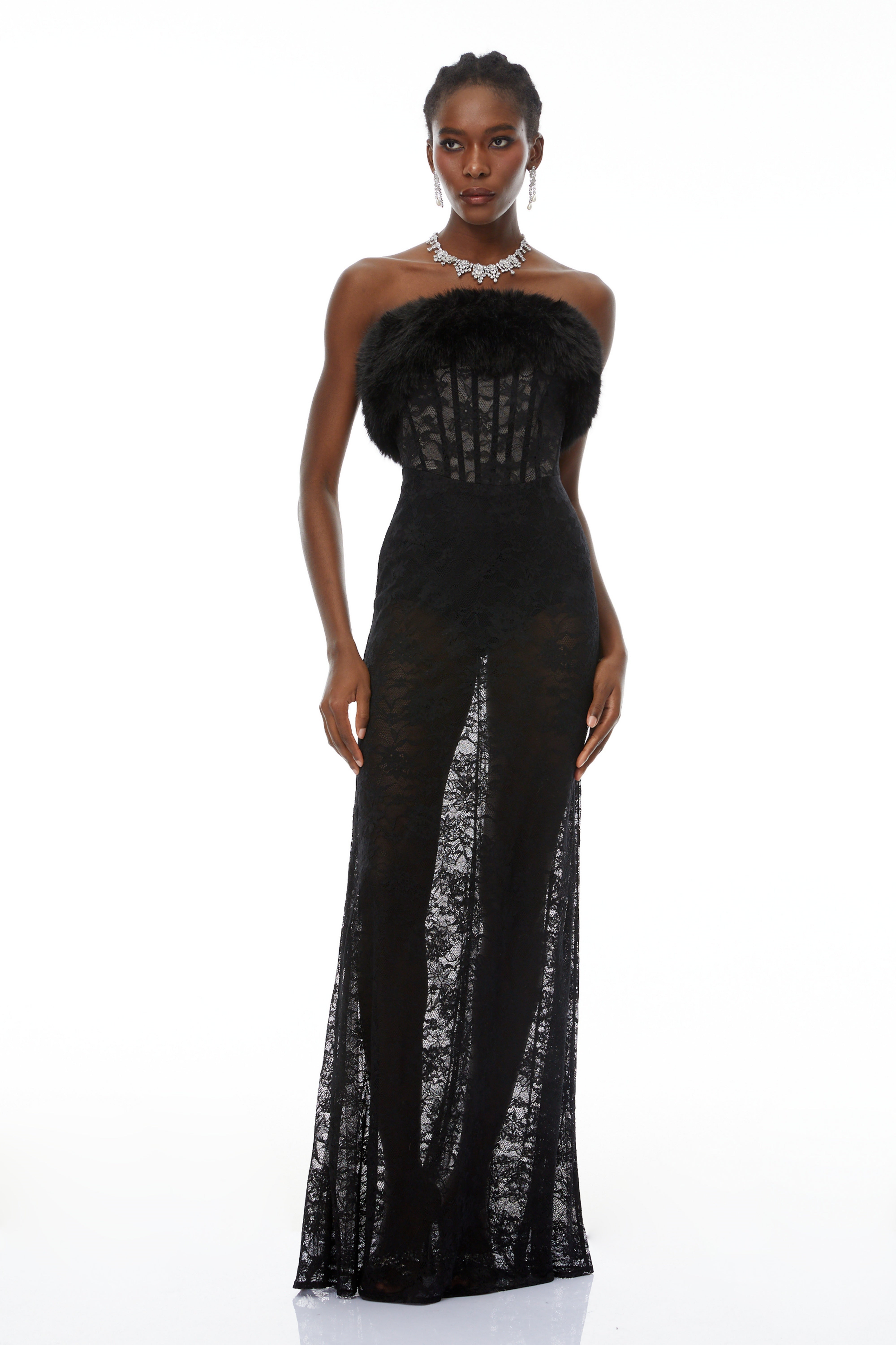 Tecla Black Lace Maxi Dress with Faux Fur Trim (Final Sale)