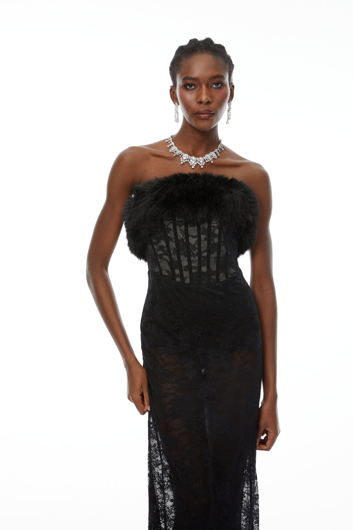 Tecla Black Lace Maxi Dress with Faux Fur Trim