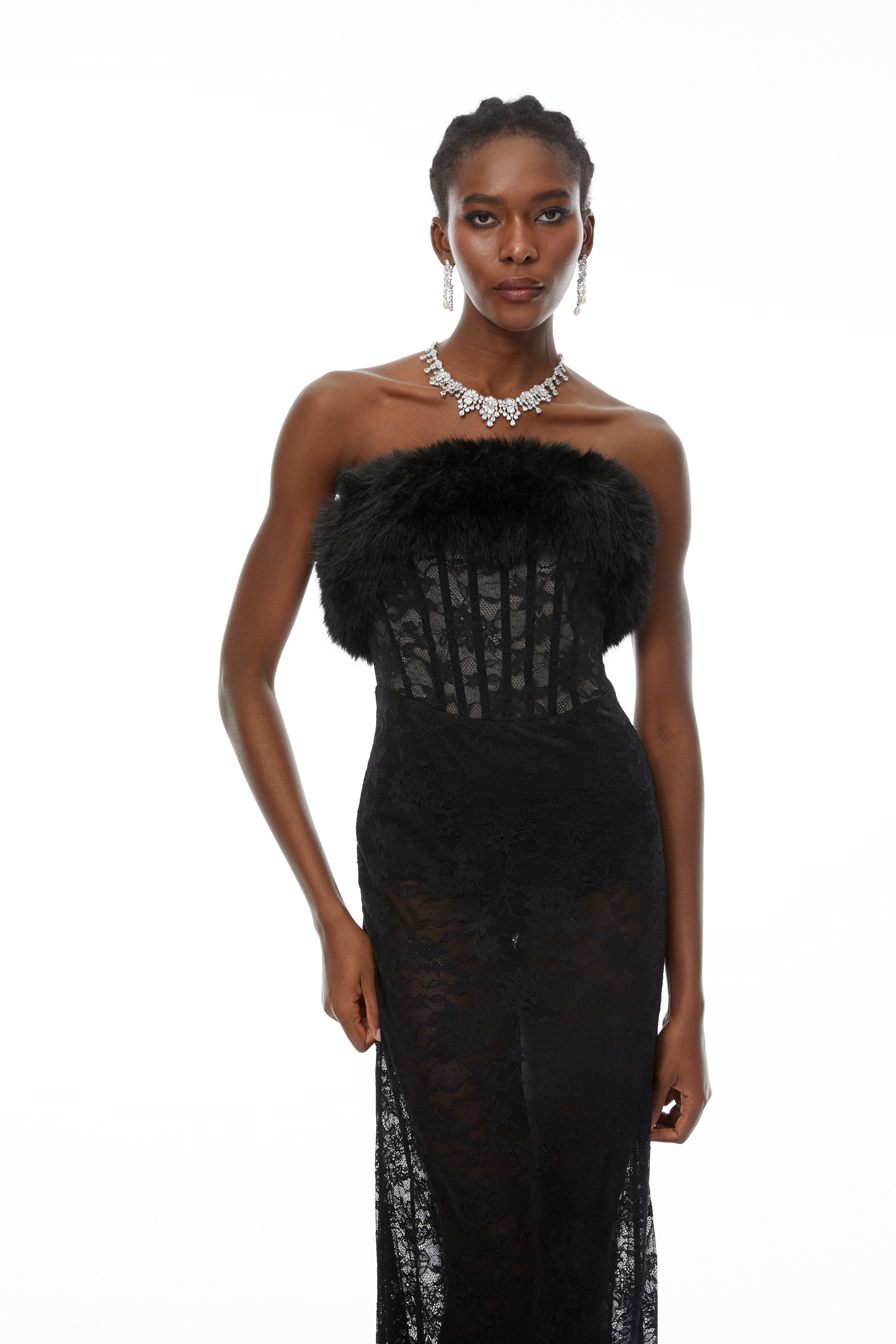 Tecla Black Lace Maxi Dress with Faux Fur Trim (Final Sale)