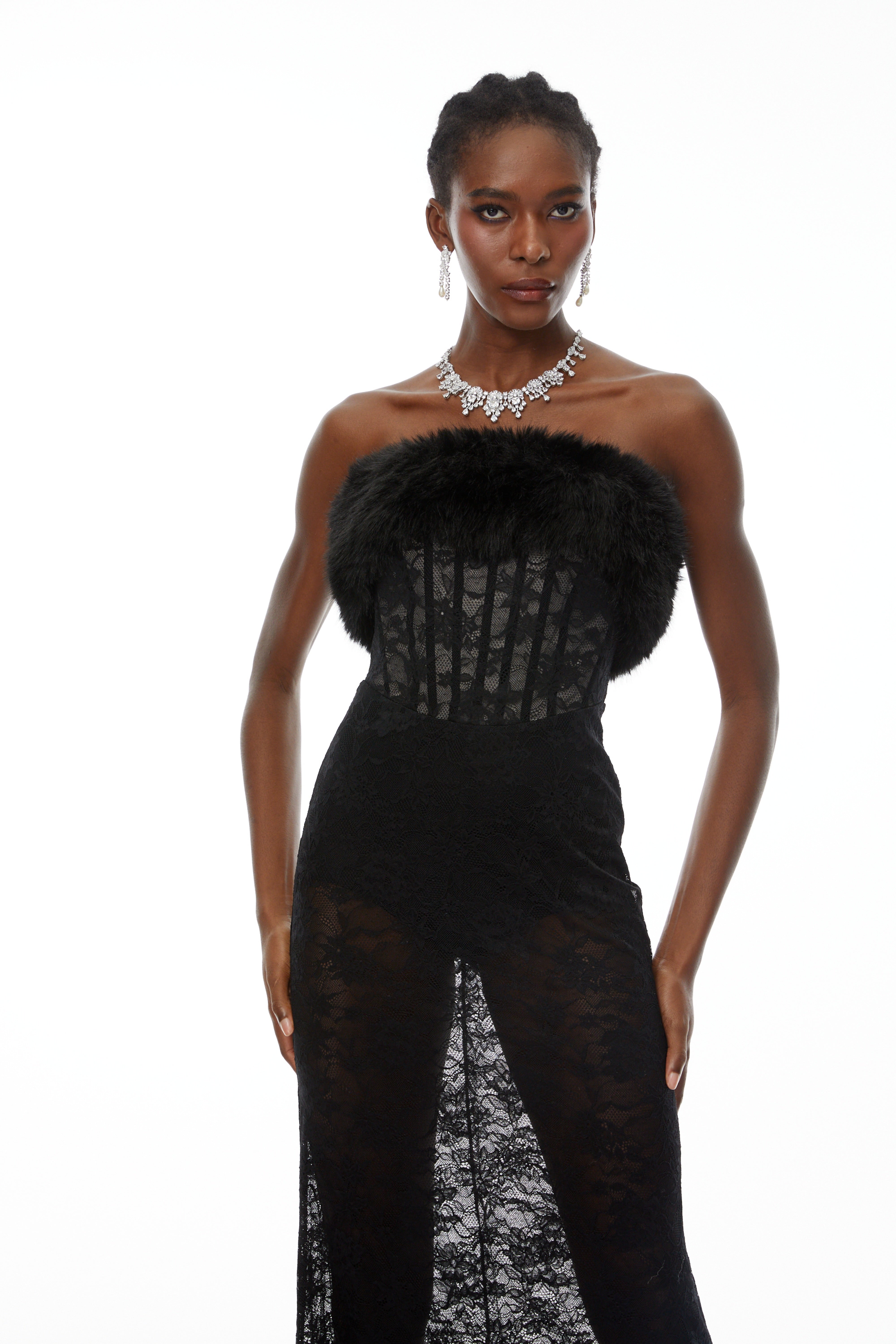Tecla Black Lace Maxi Dress with Faux Fur Trim (Final Sale)