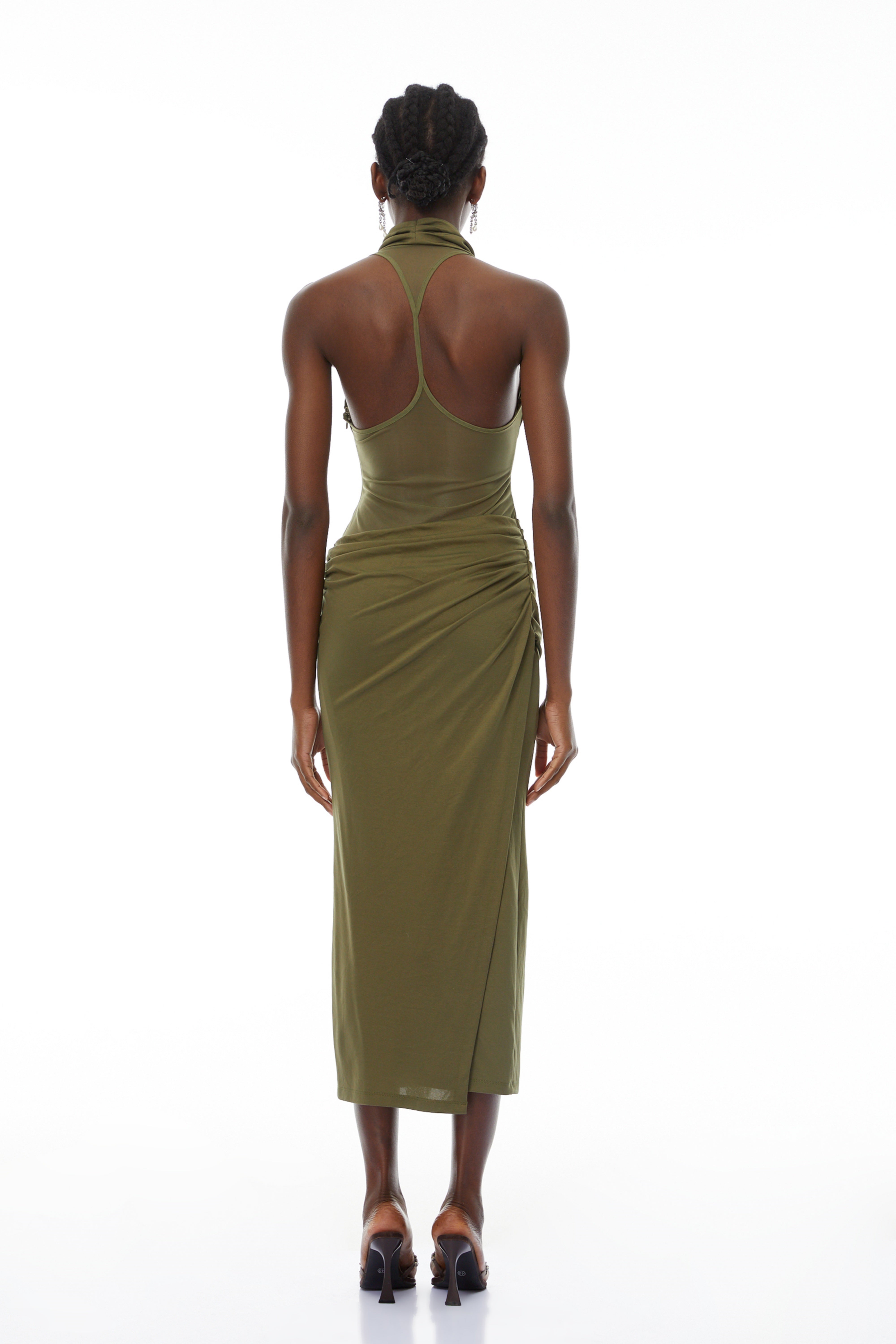 Selene Olive Halterneck Ruched Midi Dress (Final Sale)