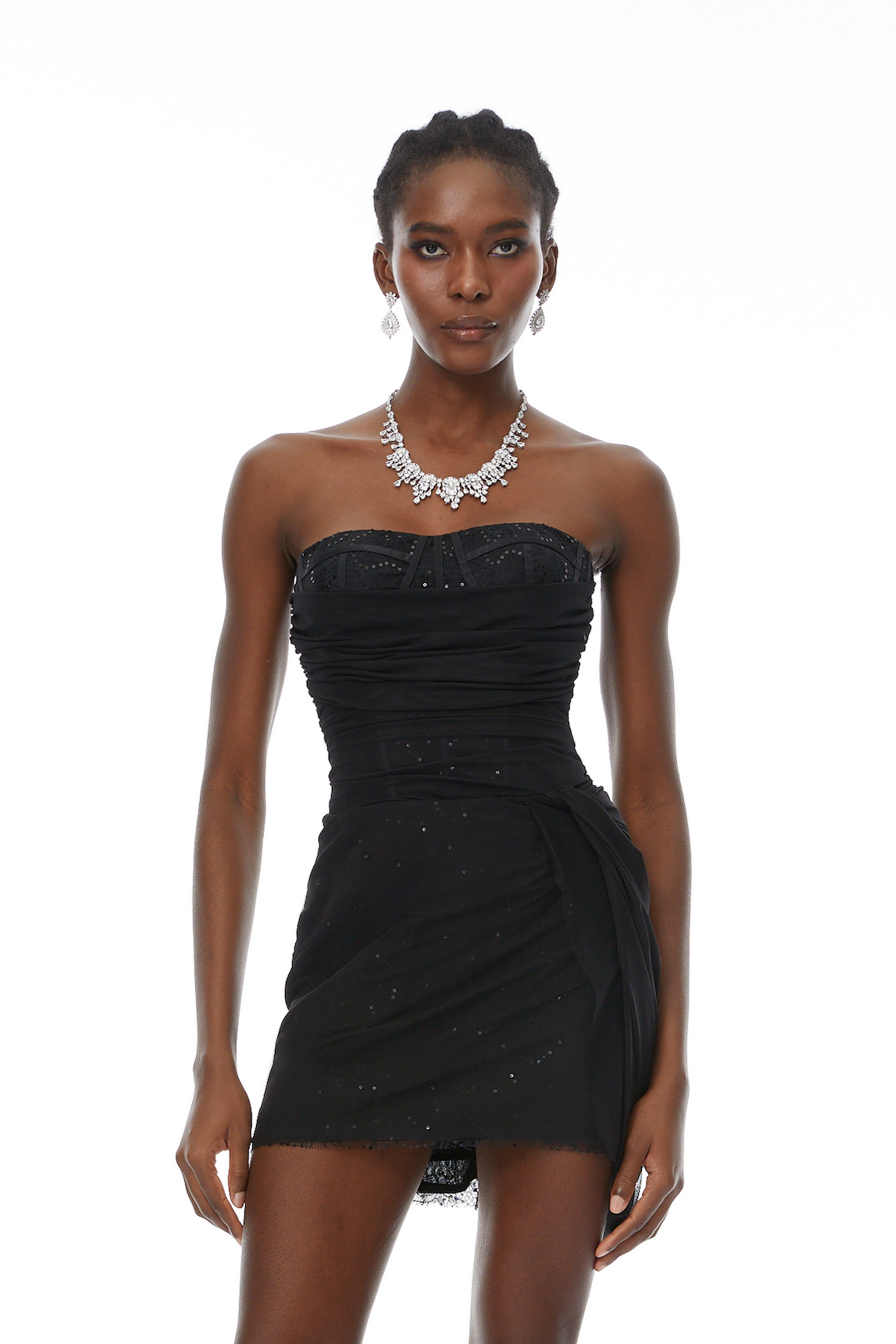 Giorgia Black Ruched Tulle Corset Mini Dress